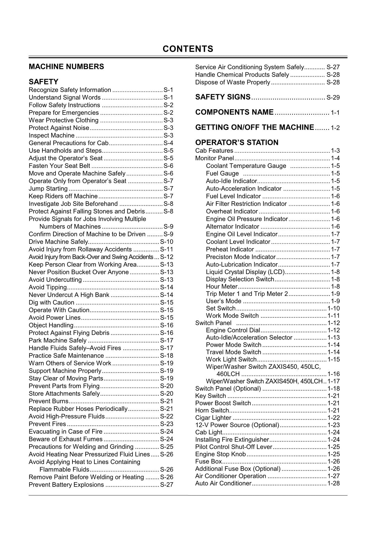 HITACHI ZAXIS ZX 450 450H 450LC 450LCH 460LCH EXCAVATOR OPERATORS MANUAL