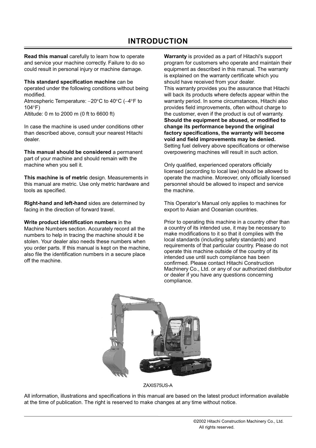 HITACHI ZAXIS ZX 70 70LC 80LCK 75US EXCAVATOR OPERATORS MANUAL