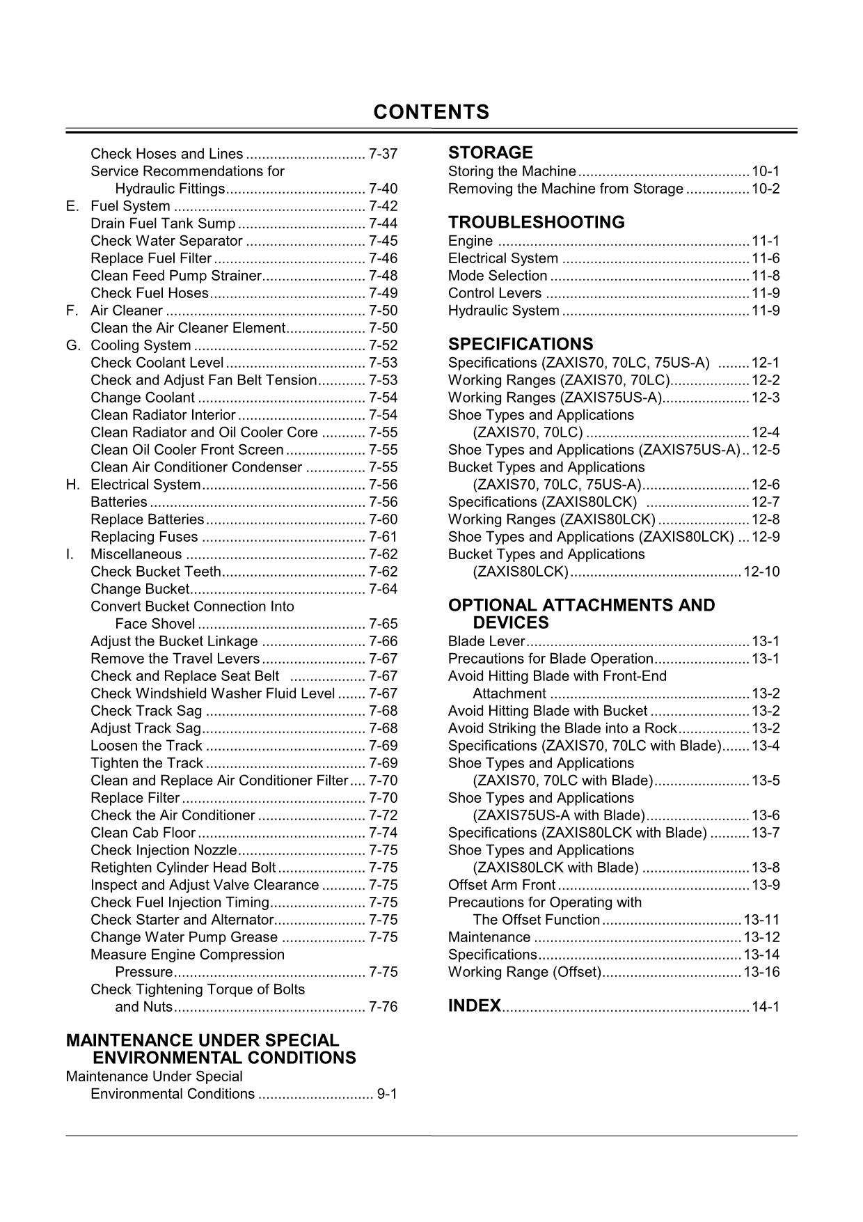 HITACHI ZAXIS ZX 70 70LC 80LCK 75US EXCAVATOR OPERATORS MANUAL