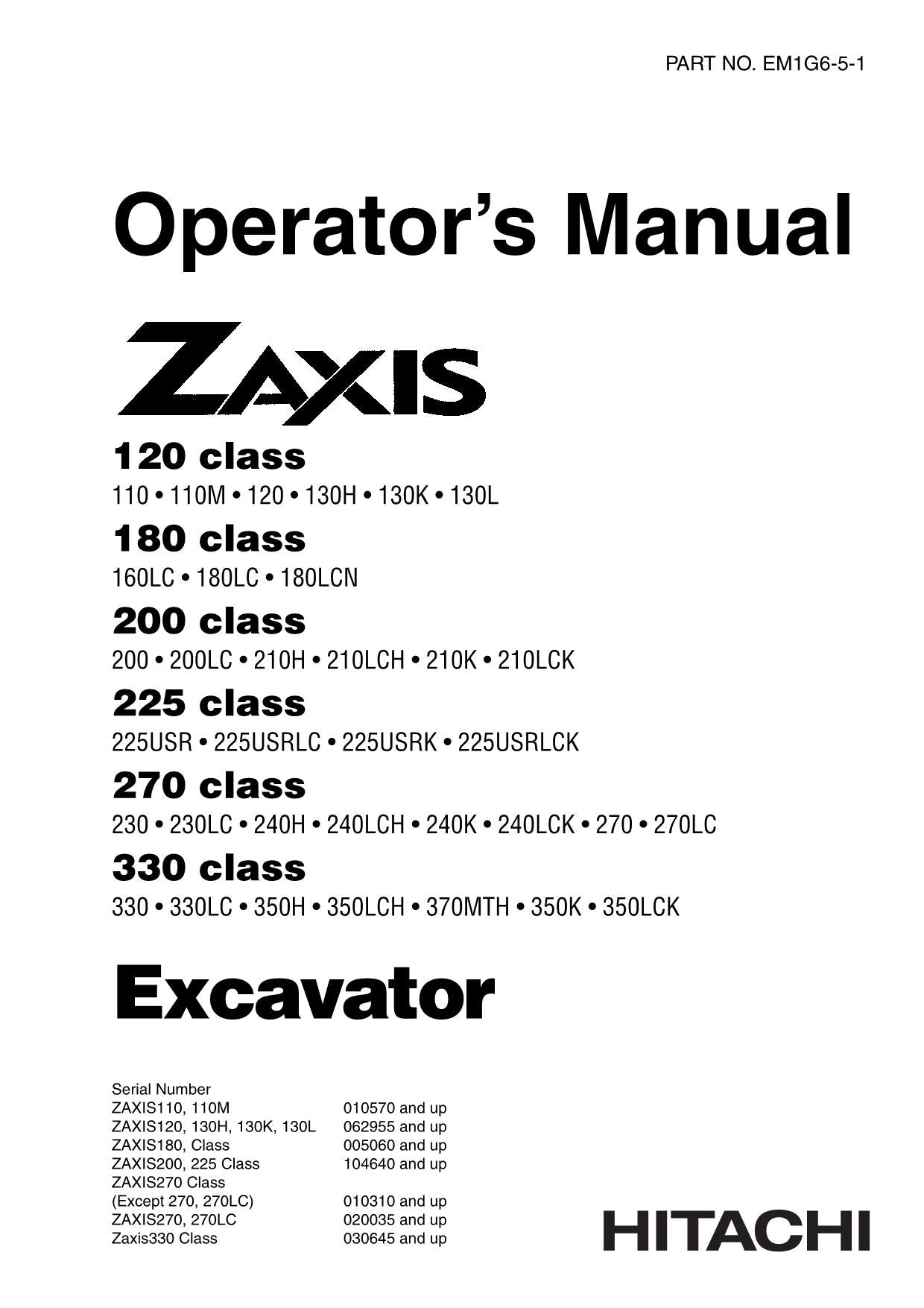 HITACHI ZAXIS ZX 110 110M 120 130H 130K 130L 160LC   EXCAVATOR OPERATORS MANUAL