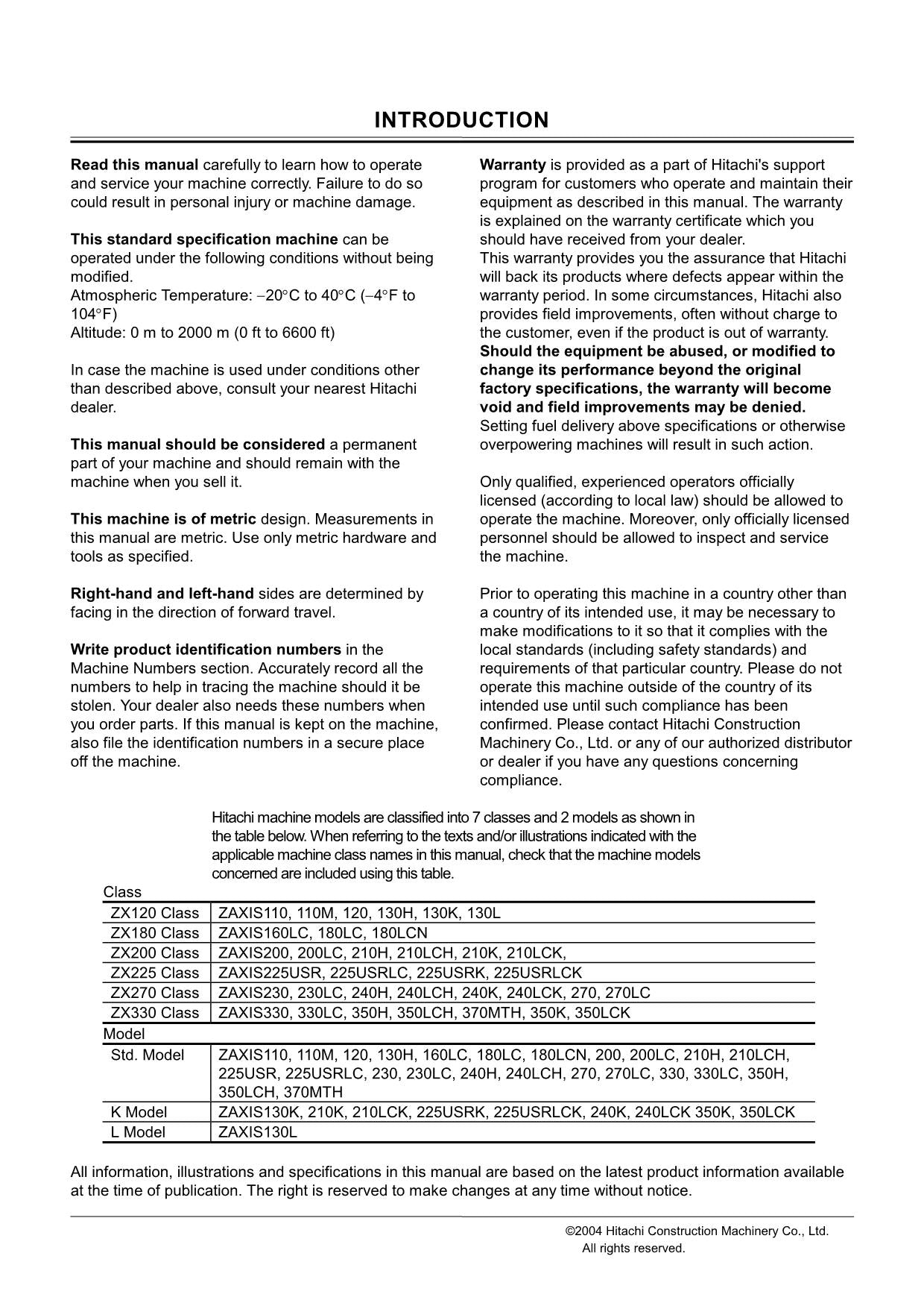 HITACHI ZAXIS ZX 110 110M 120 130H 130K 130L 160LC   EXCAVATOR OPERATORS MANUAL