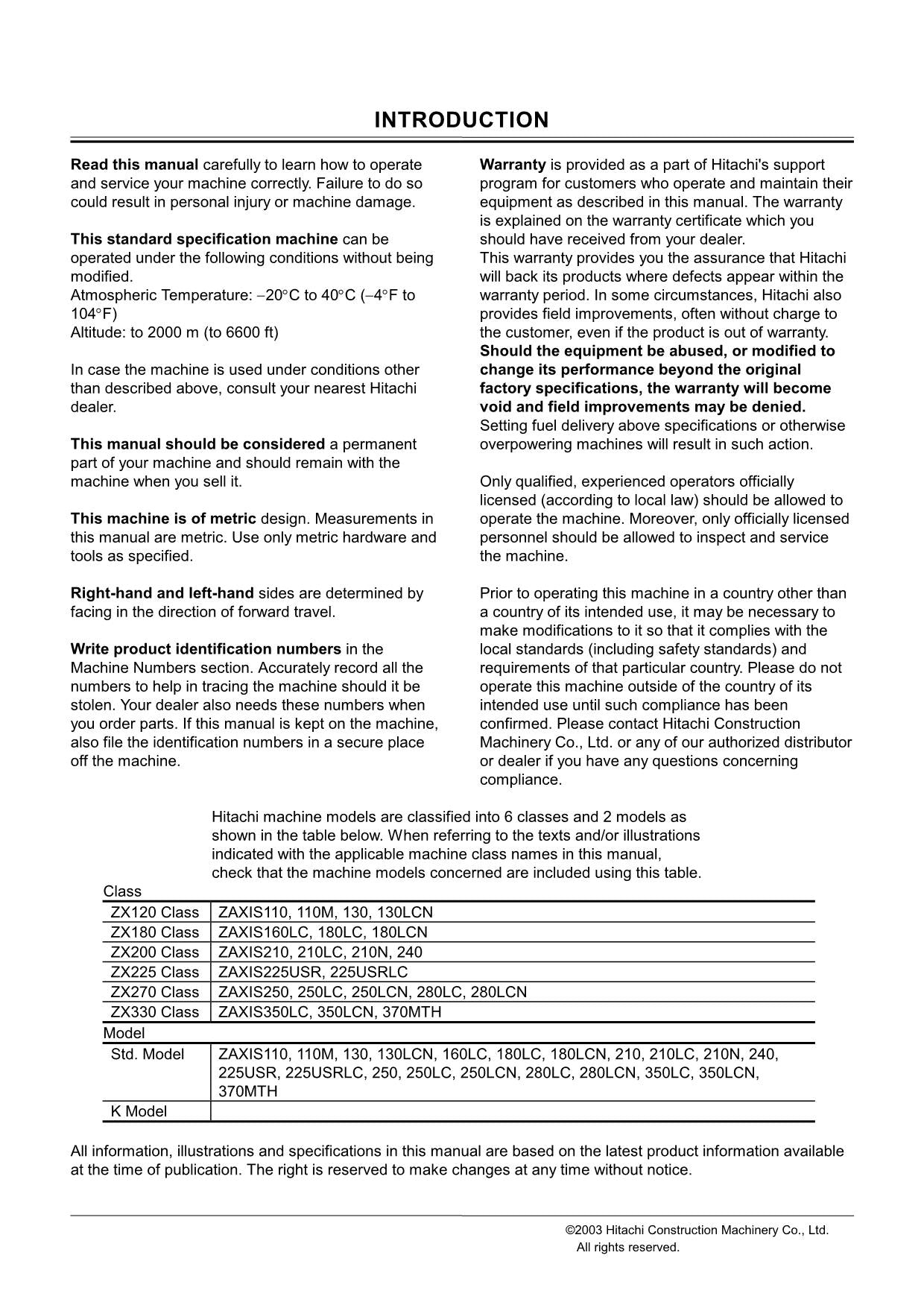 HITACHI ZAXIS ZX 110 110M 180LC 225USR 225USRLC EXCAVATOR OPERATORS MANUAL