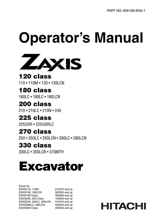 HITACHI ZAXIS ZX 110 110M 180LC 225USR 225USRLC EXCAVATOR OPERATORS MANUAL