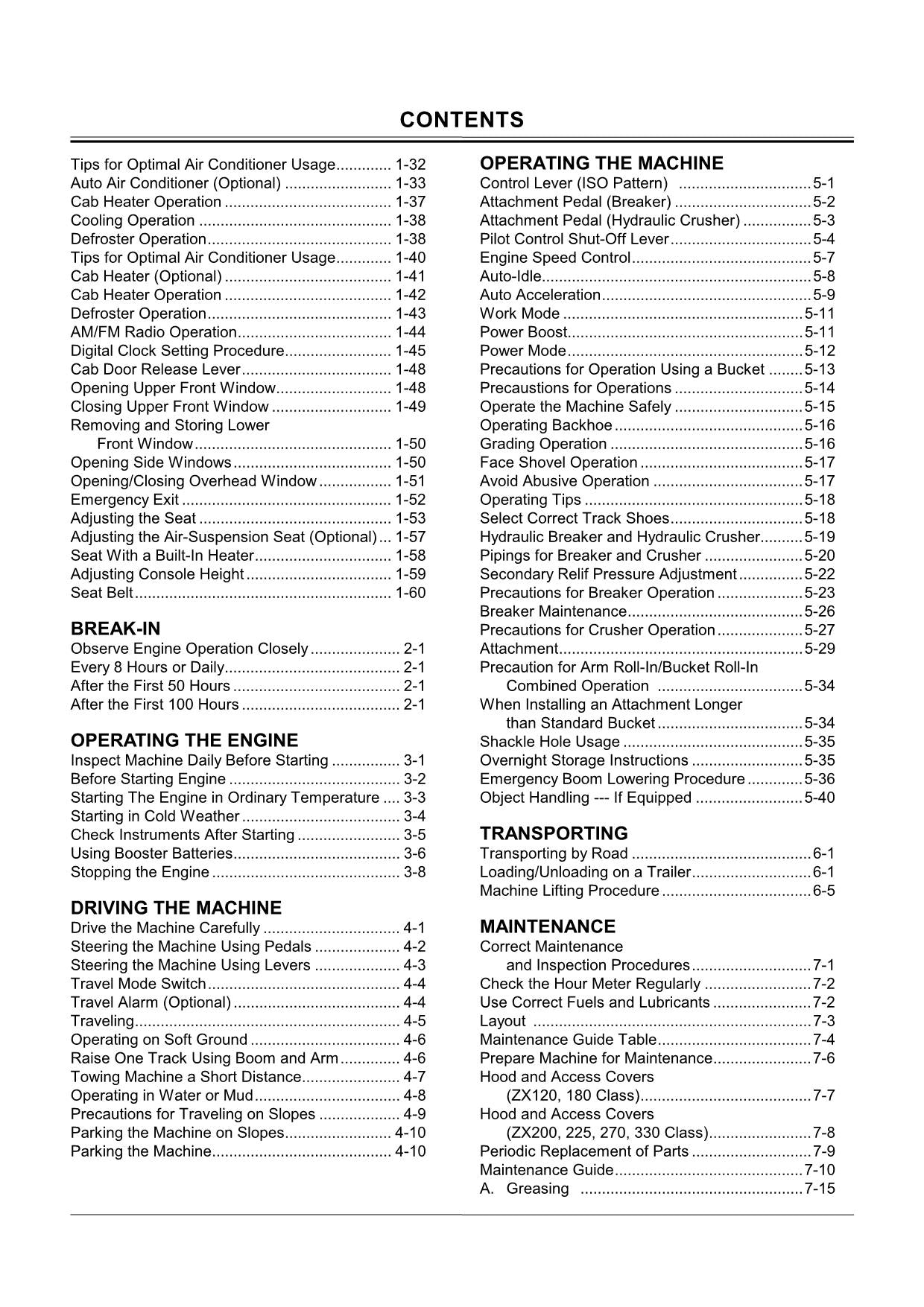 HITACHI ZAXIS ZX 110 110M 180LC 225USR 225USRLC EXCAVATOR OPERATORS MANUAL