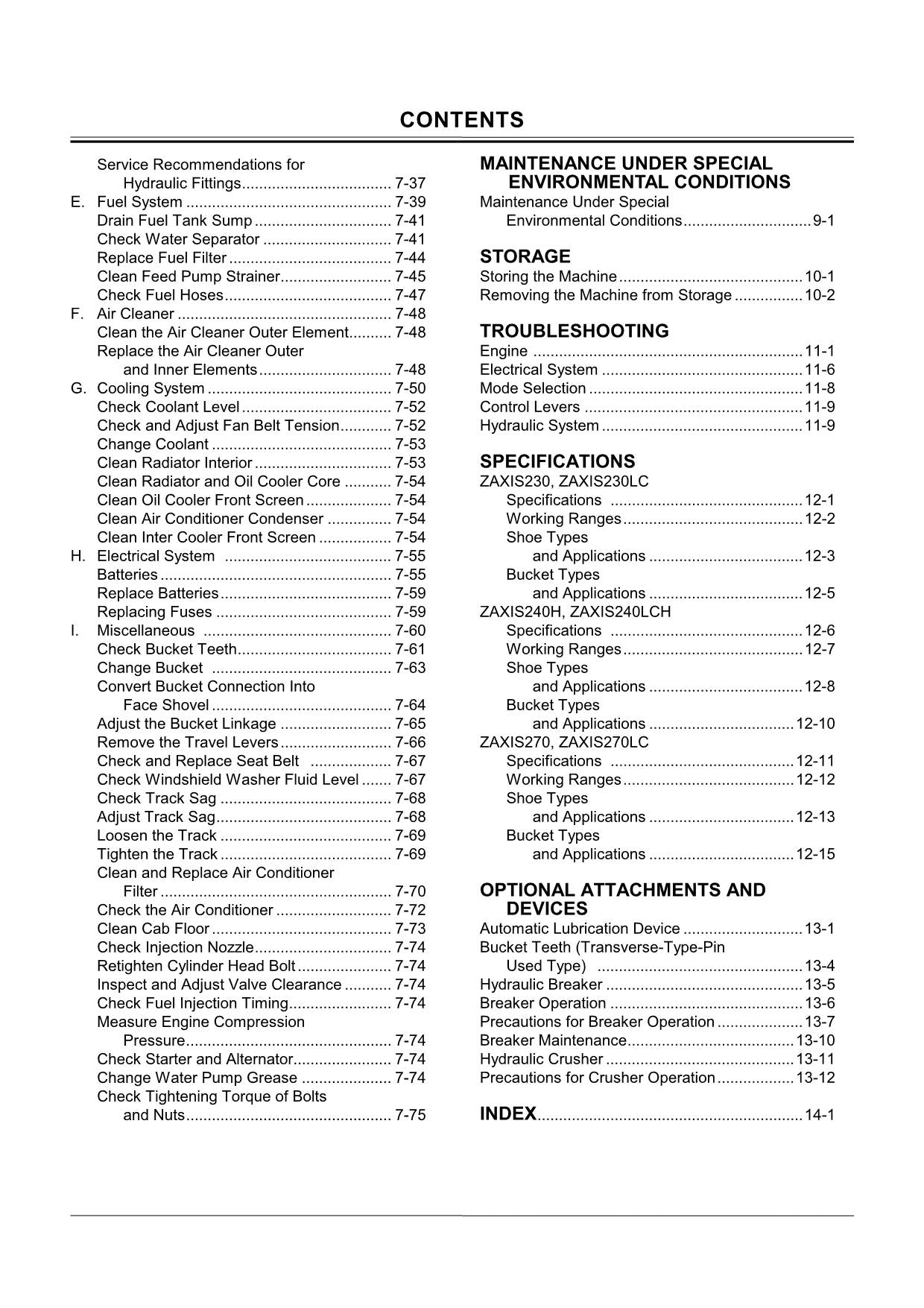 HITACHI ZAXIS ZX 230 230LC 240H 240LCH 270 270LC EXCAVATOR OPERATORS MANUAL