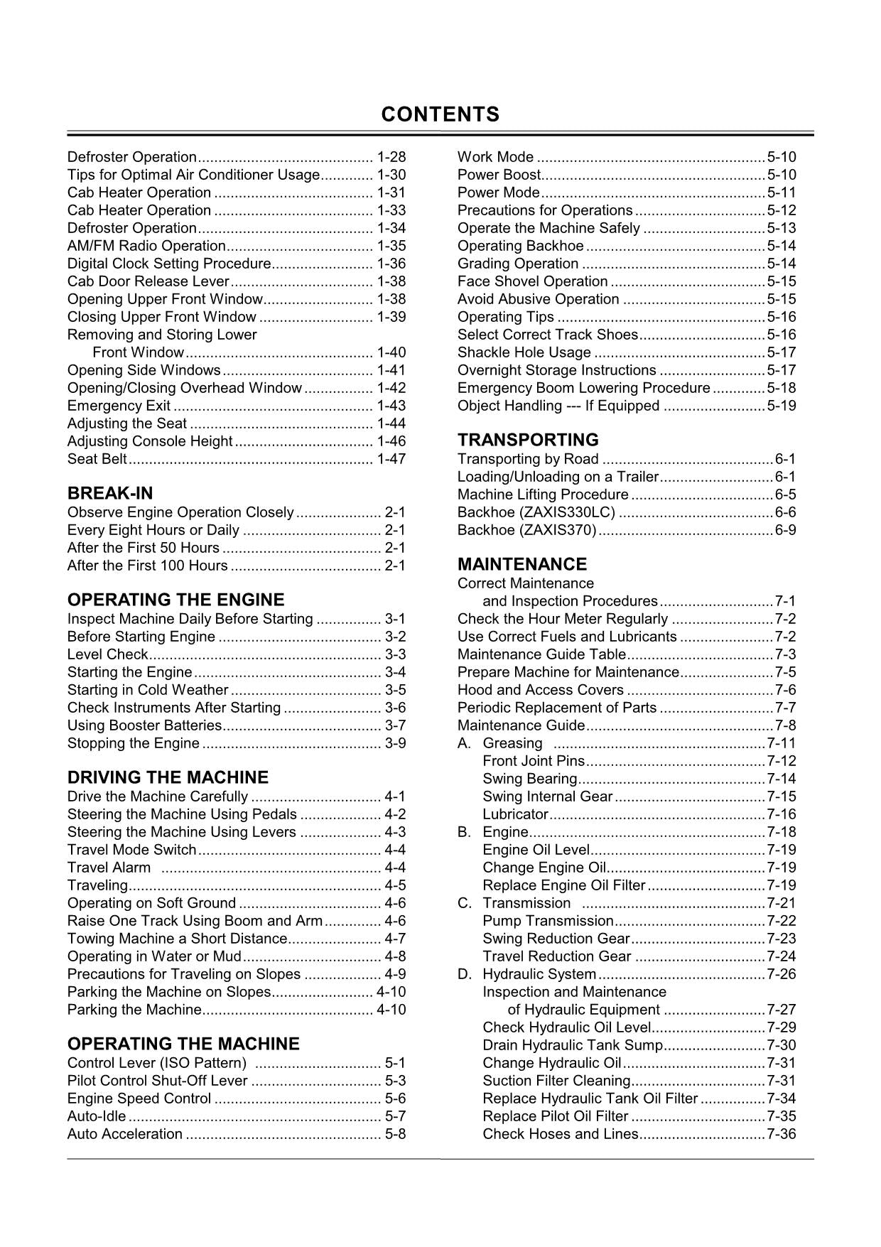 HITACHI ZAXIS ZX 330LC 370 EXCAVATOR OPERATORS MANUAL