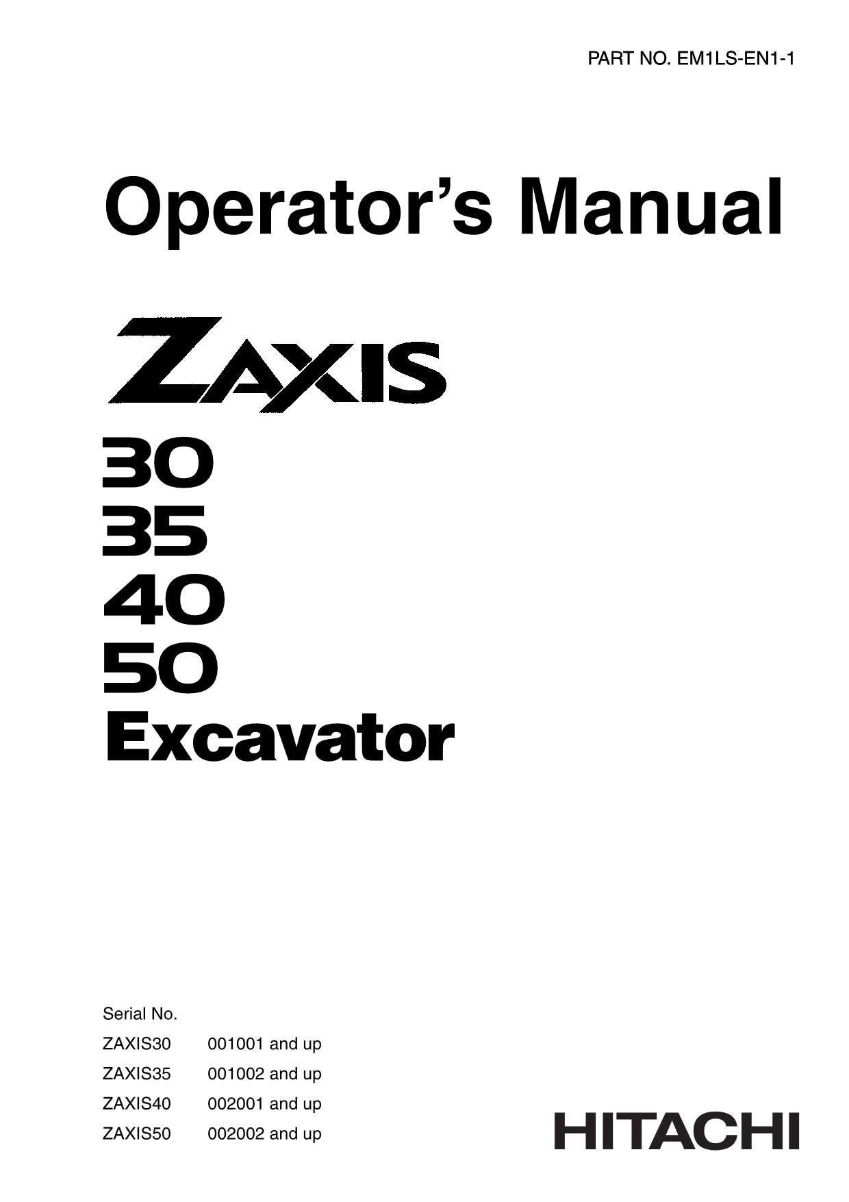 HITACHI ZAXIS ZX 30 35 40 50 EXCAVATOR OPERATORS MANUAL