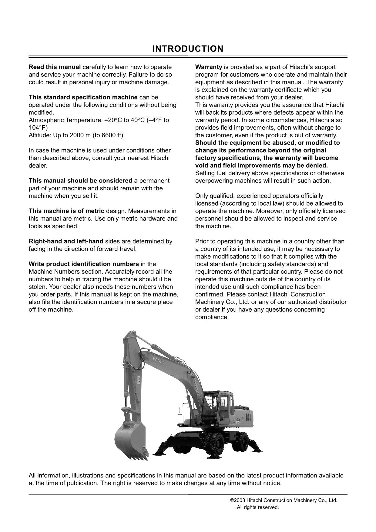 HITACHI ZAXIS ZX 180W 210W EXCAVATOR OPERATORS MANUAL #1