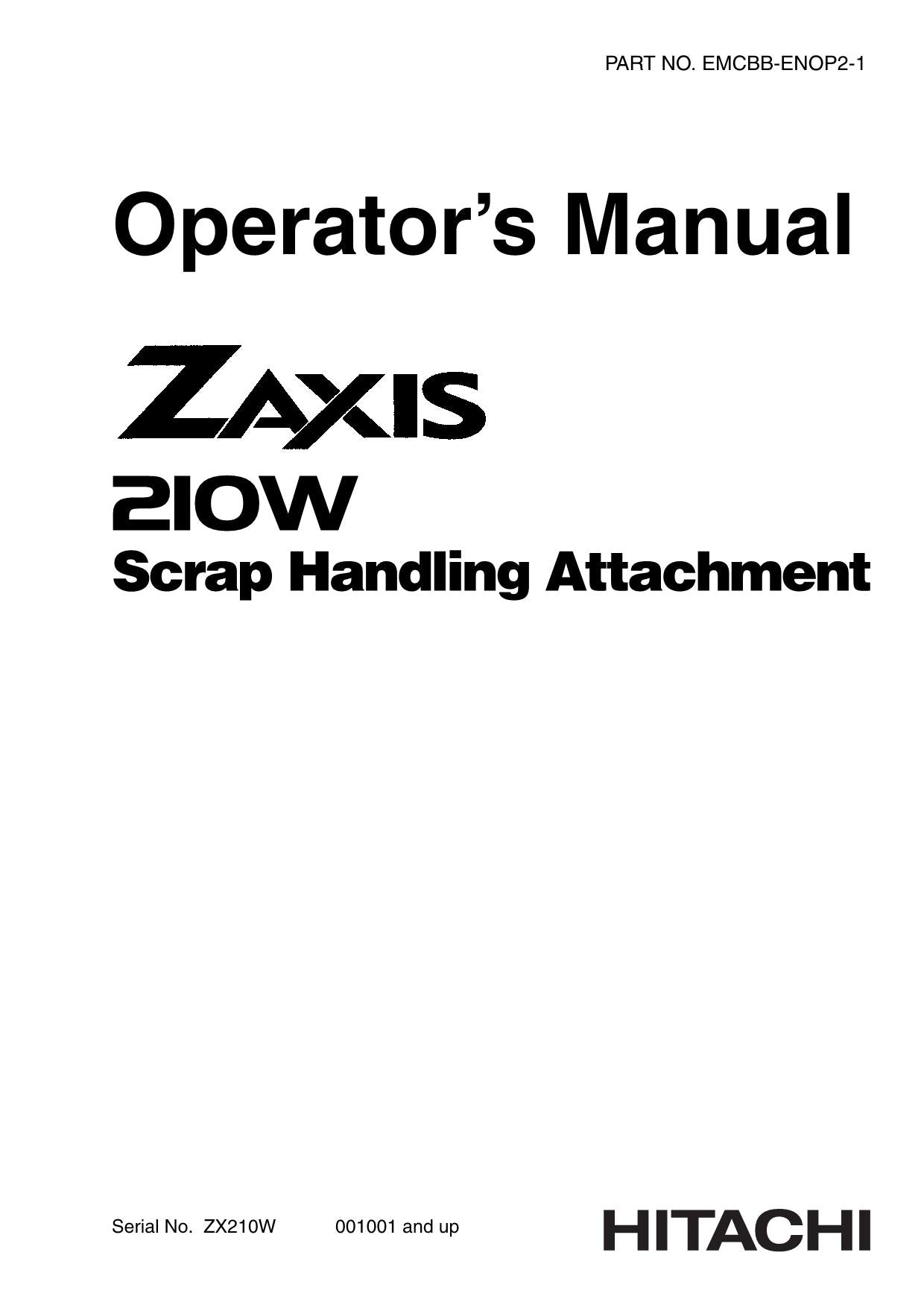 HITACHI ZAXIS ZX 210W EXCAVATOR OPERATORS MANUAL