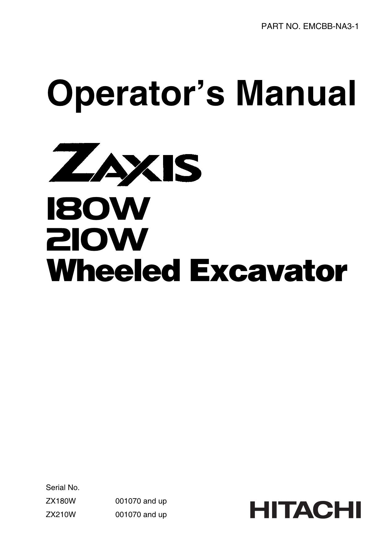 HITACHI ZAXIS ZX 180W 210W EXCAVATOR OPERATORS MANUAL #2