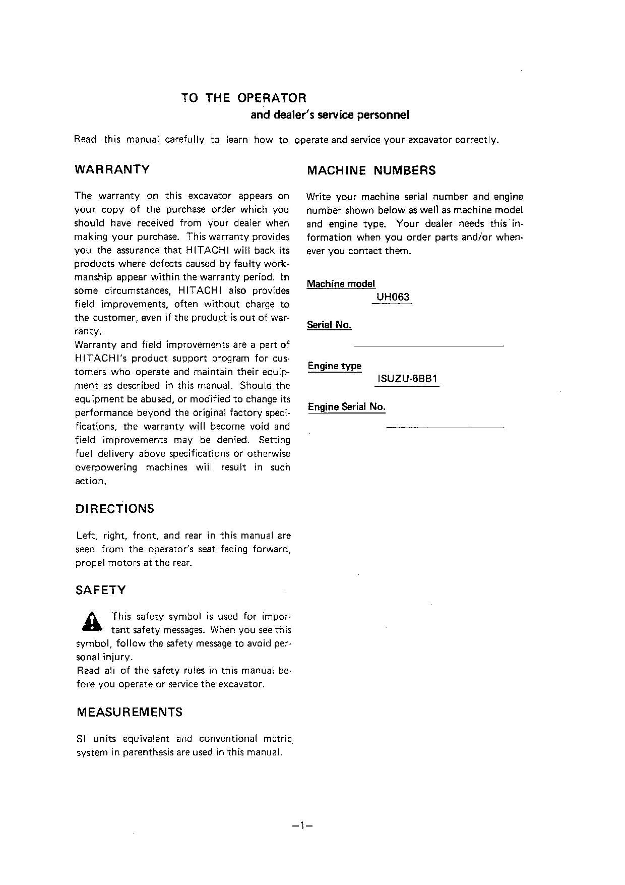 HITACHI UH063 EXCAVATOR OPERATORS MANUAL