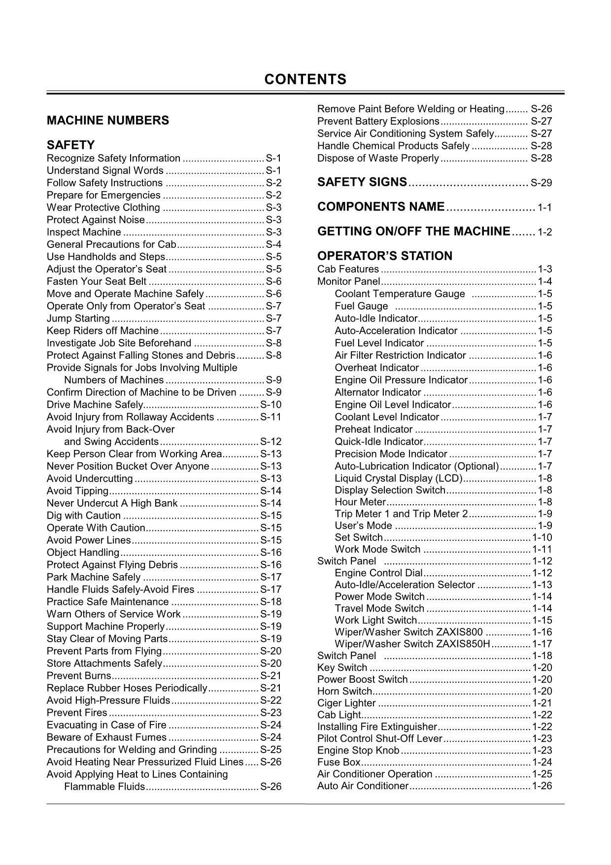 HITACHI ZAXIS ZX 800 850H EXCAVATOR OPERATORS MANUAL 006001