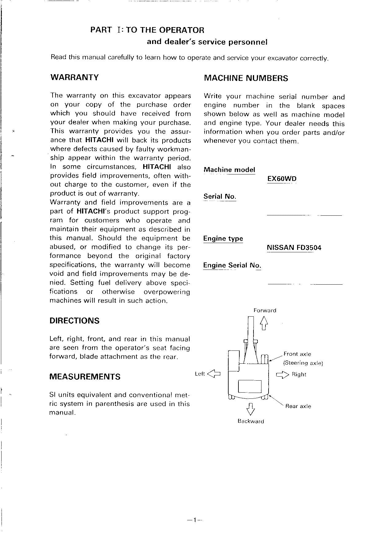 HITACHI EX60WD EXCAVATOR OPERATORS MANUAL