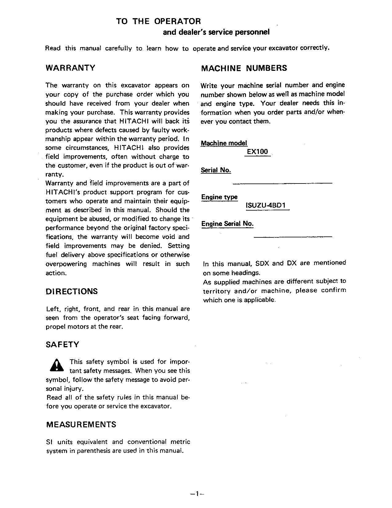 HITACHI EX100 EXCAVATOR OPERATORS MANUAL