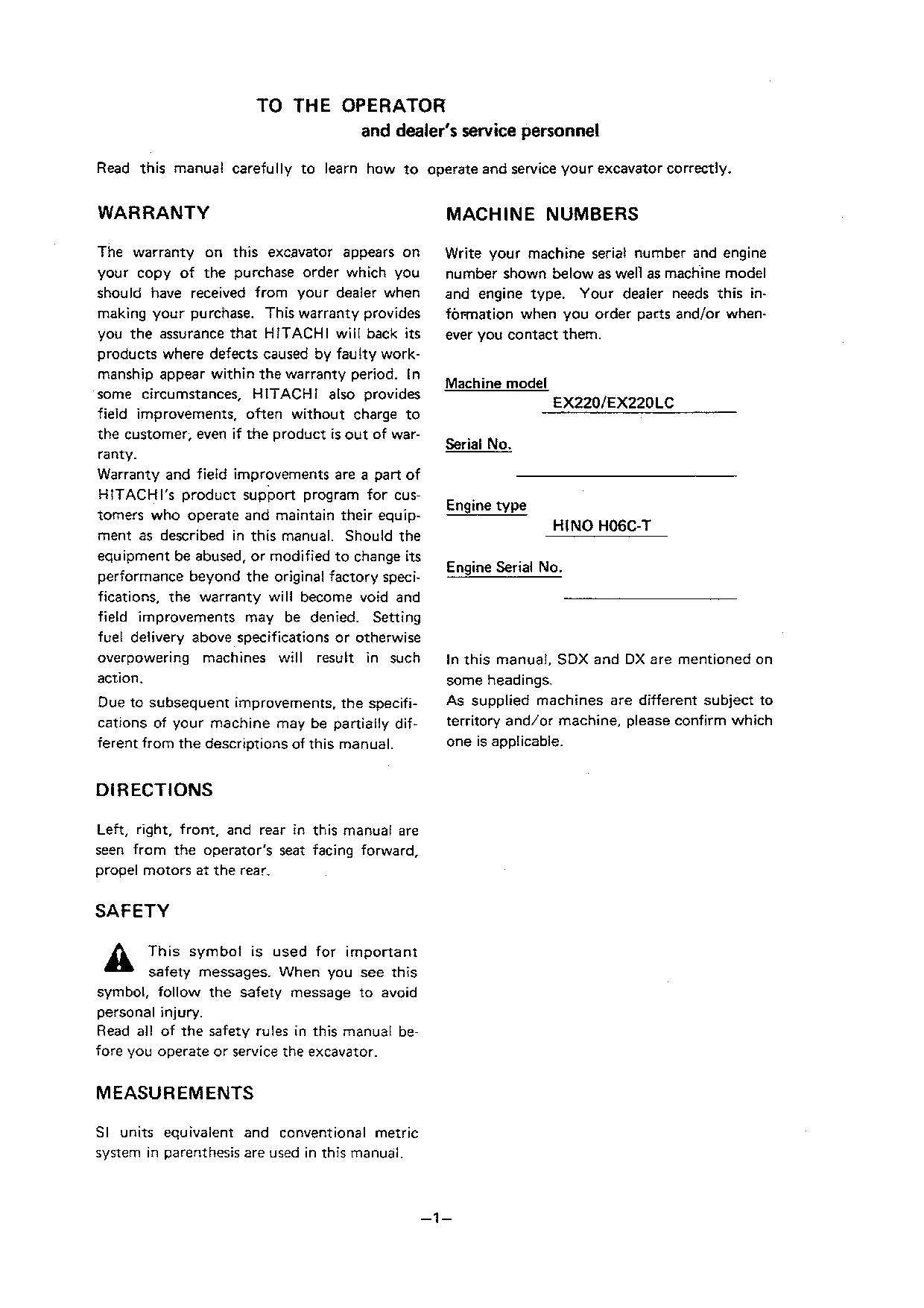 HITACHI EX220 EX220LC EXCAVATOR OPERATORS MANUAL