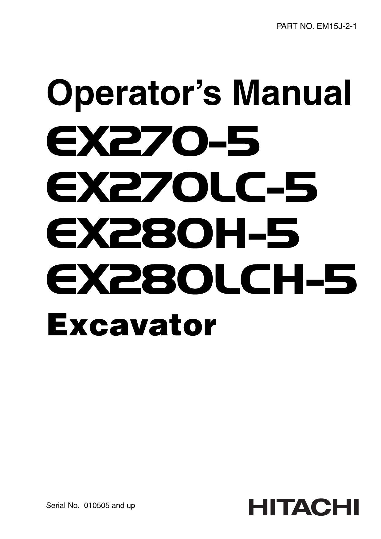 HITACHI EX270-5 EX270LC-5 EX280H-5 EX280HLC-5 EXCAVATOR OPERATORS MANUAL
