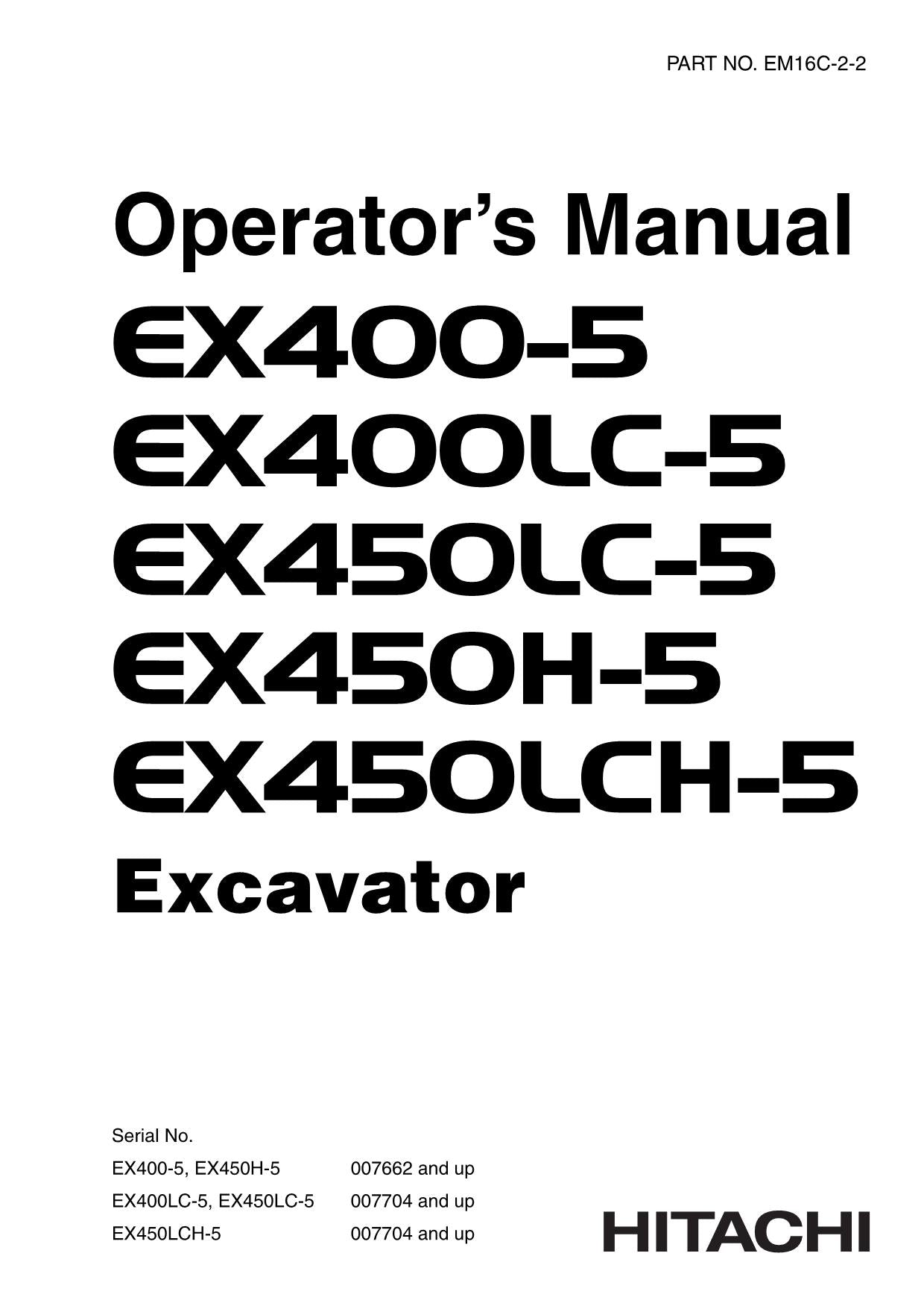 HITACHI EX400-5 EX400LC-5 EX450LC-5 EX450H-5 EX450LCH-5 EXCAVATOR OPERATORS MANUAL #2