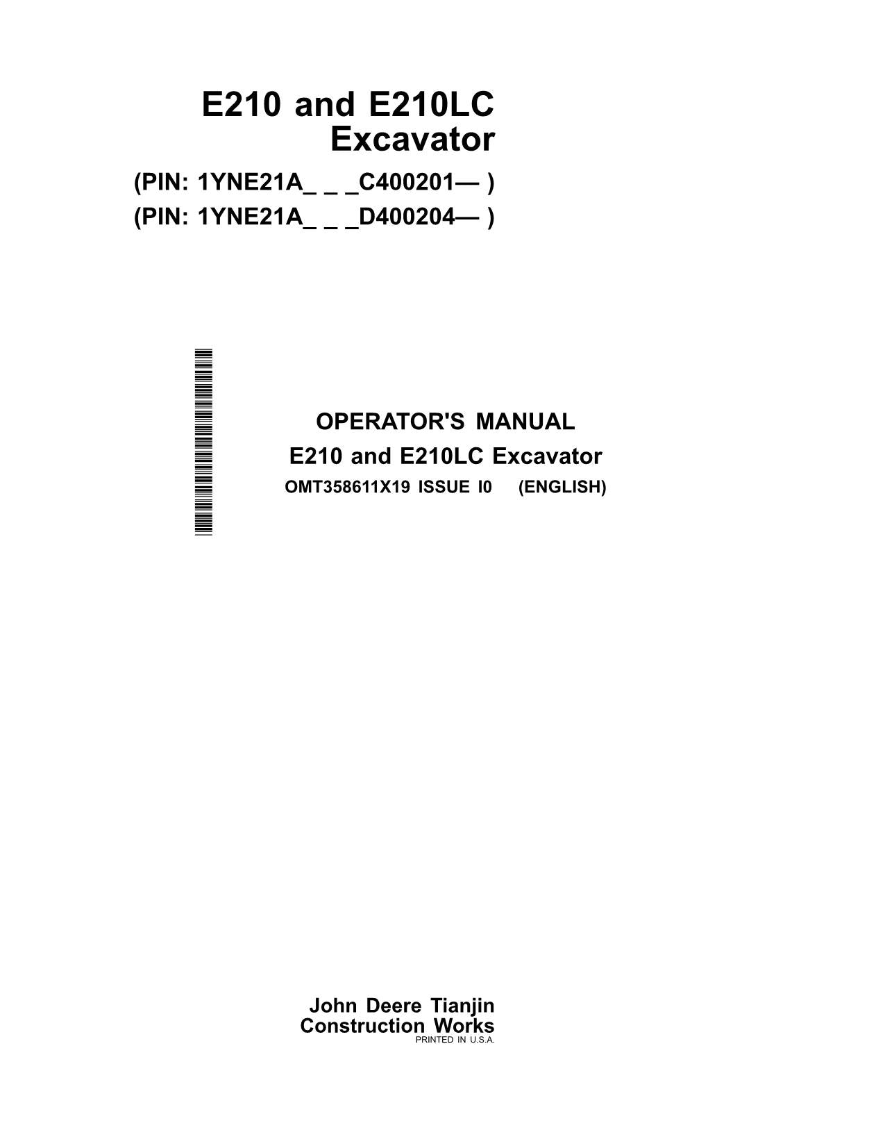 JOHN DEERE E210 E210LC EXCAVATOR OPERATORS MANUAL