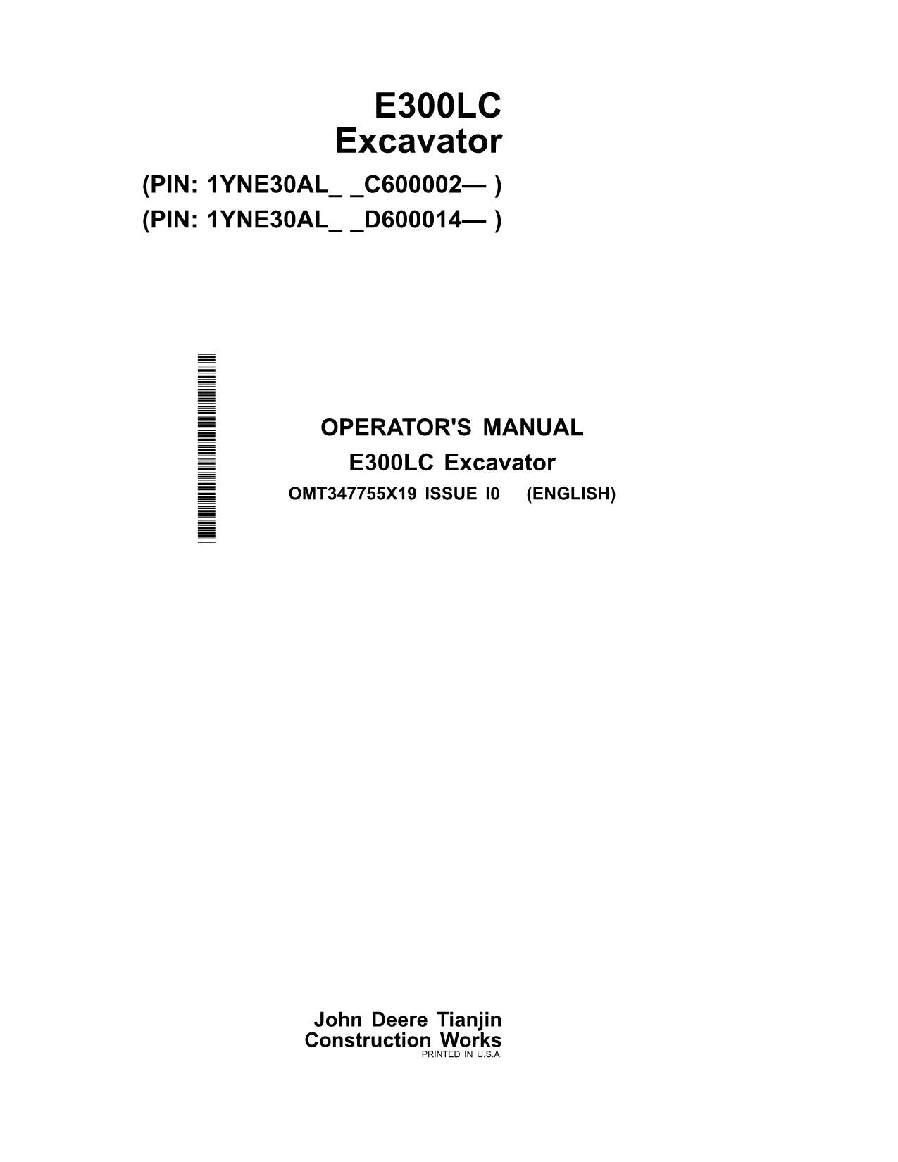 JOHN DEERE E300LC EXCAVATOR OPERATORS MANUAL