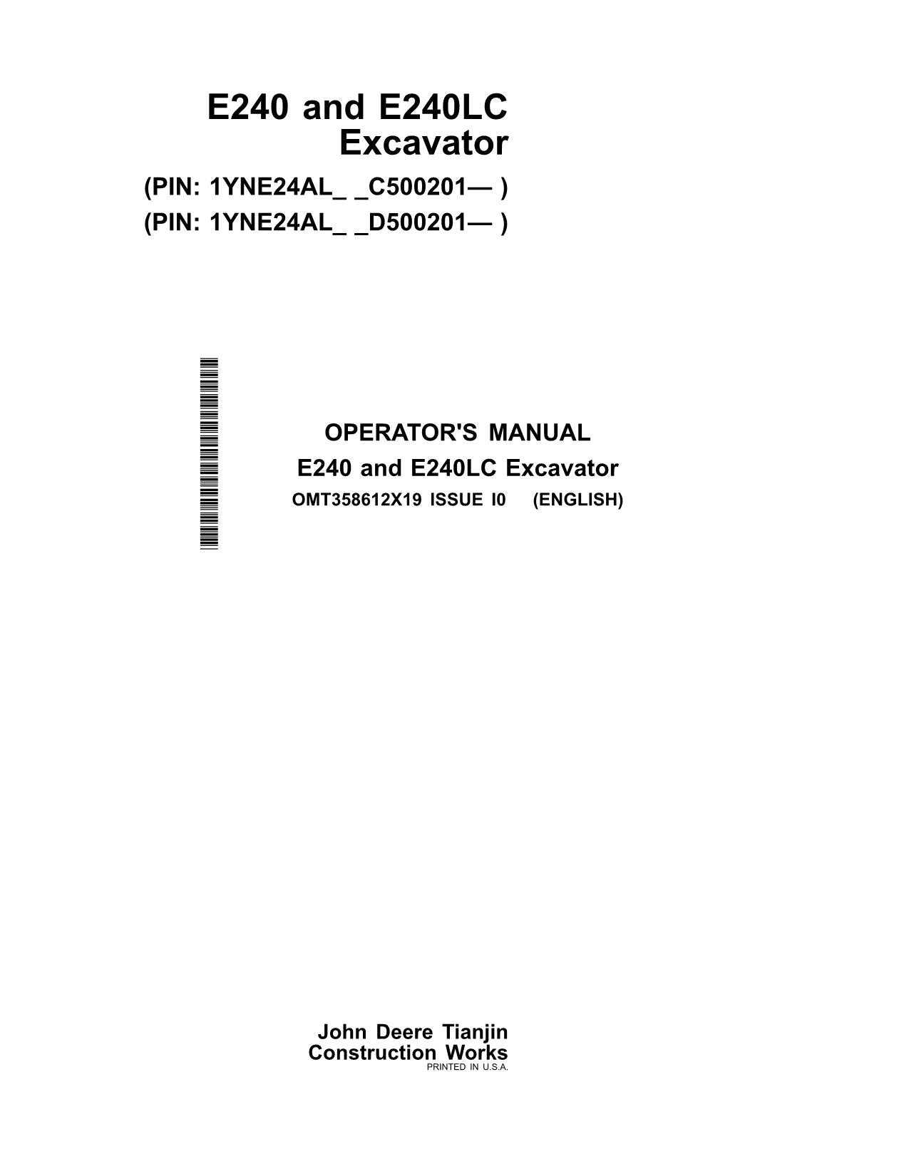 JOHN DEERE E240 E240LC EXCAVATOR OPERATORS MANUAL