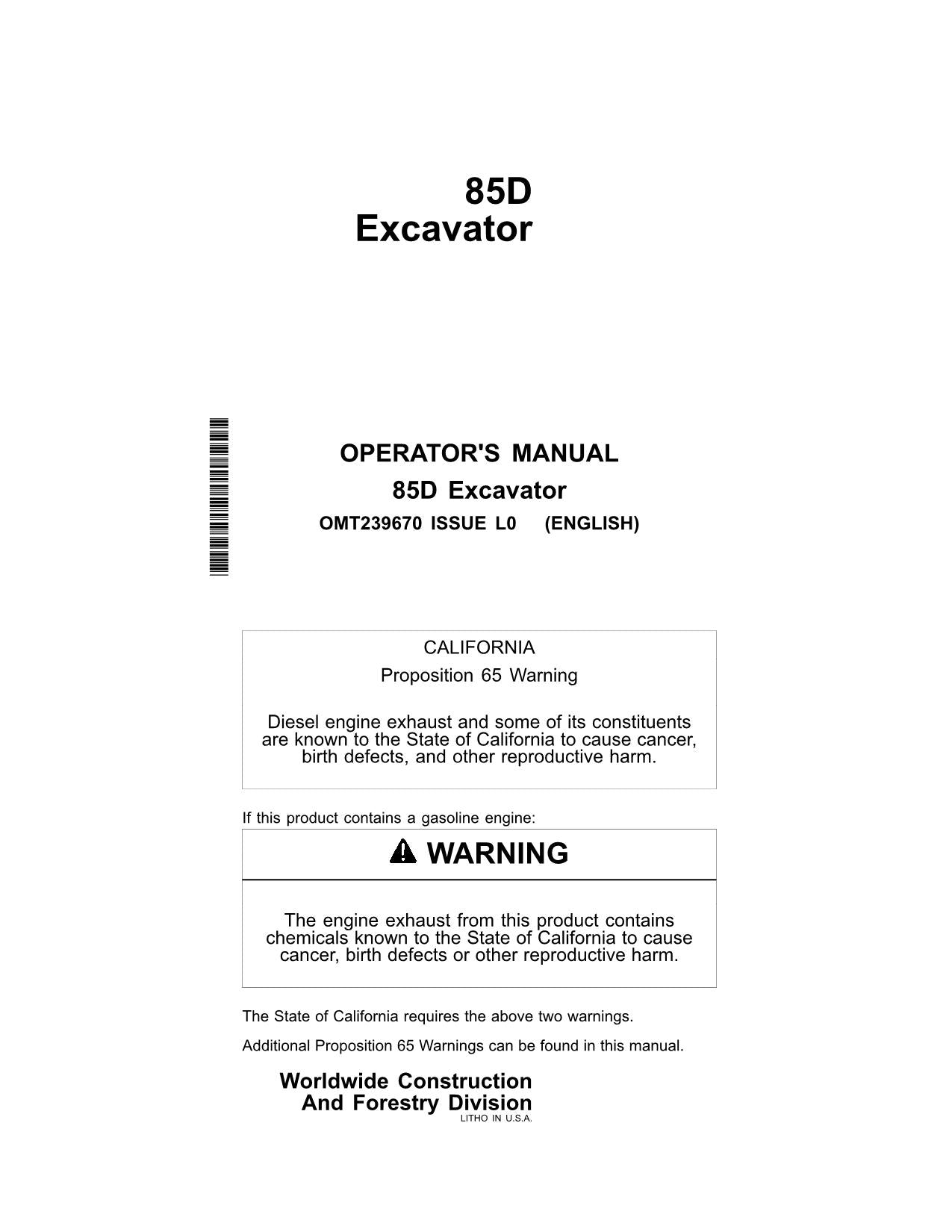 JOHN DEERE 85D EXCAVATOR OPERATORS MANUAL