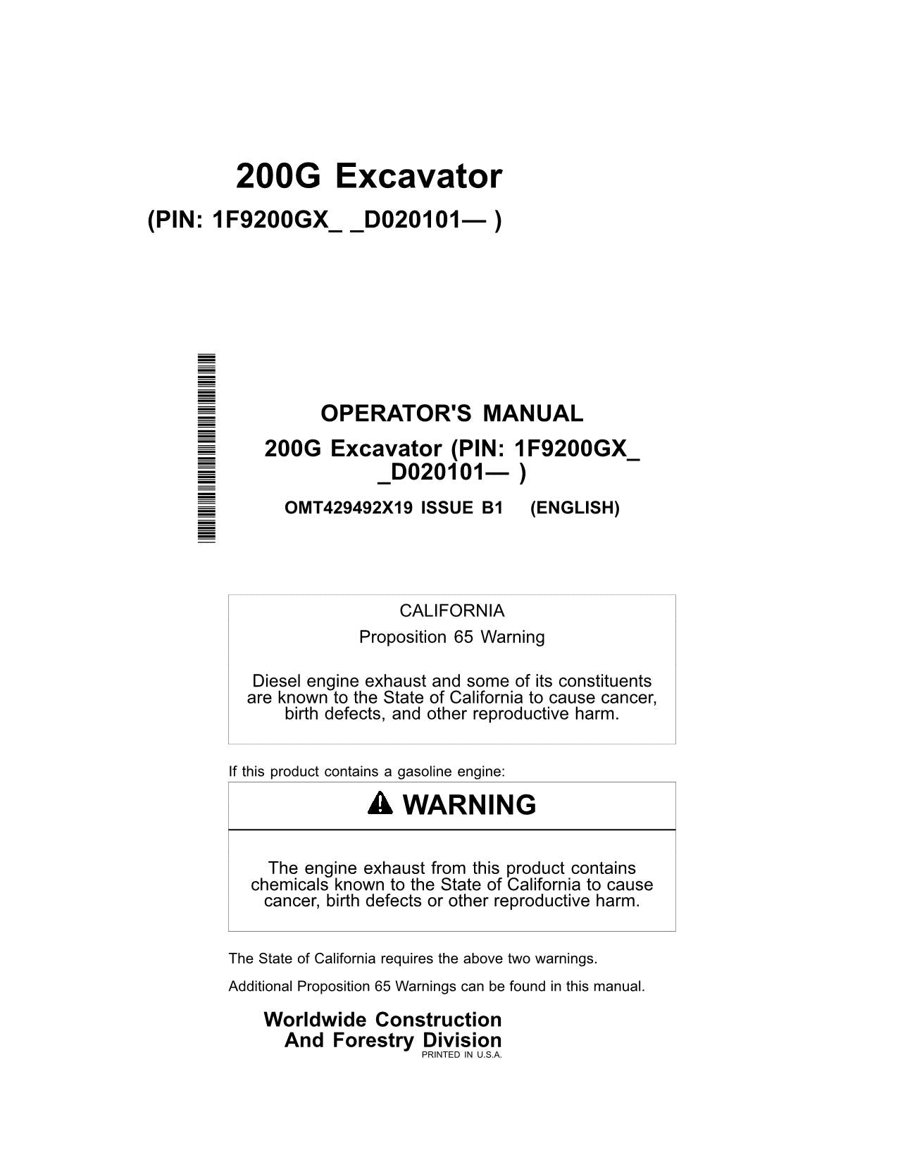 JOHN DEERE E36ZS EXCAVATOR OPERATORS MANUAL 1F9200GX_ D020101-