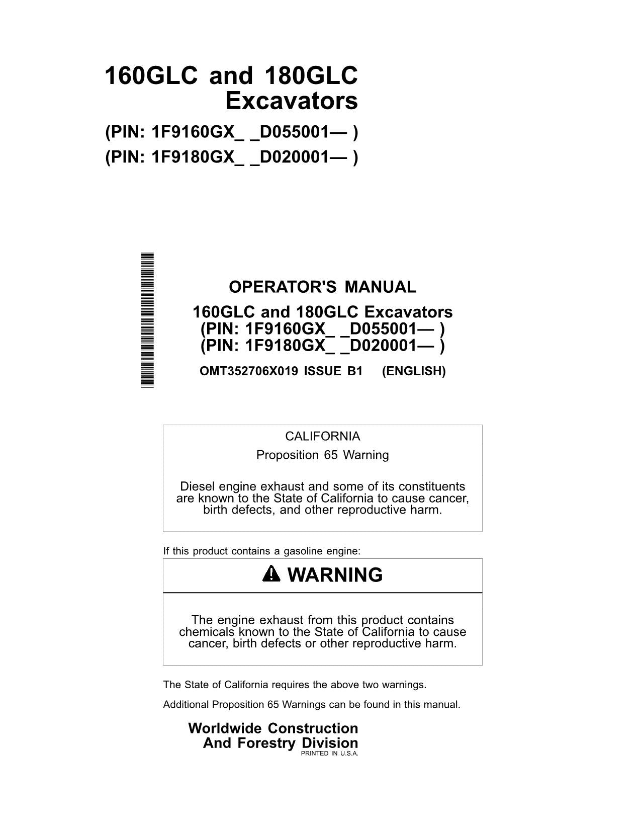 JOHN DEERE 160GLC 180GLC EXCAVATOR OPERATORS MANUAL