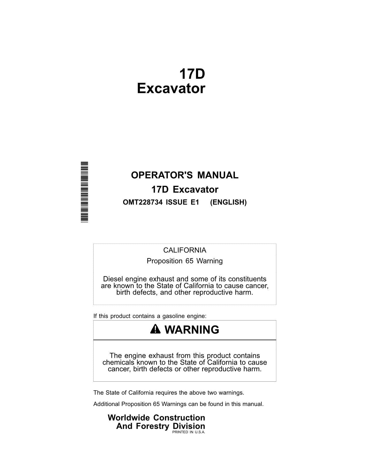 JOHN DEERE 17D EXCAVATOR OPERATORS MANUAL