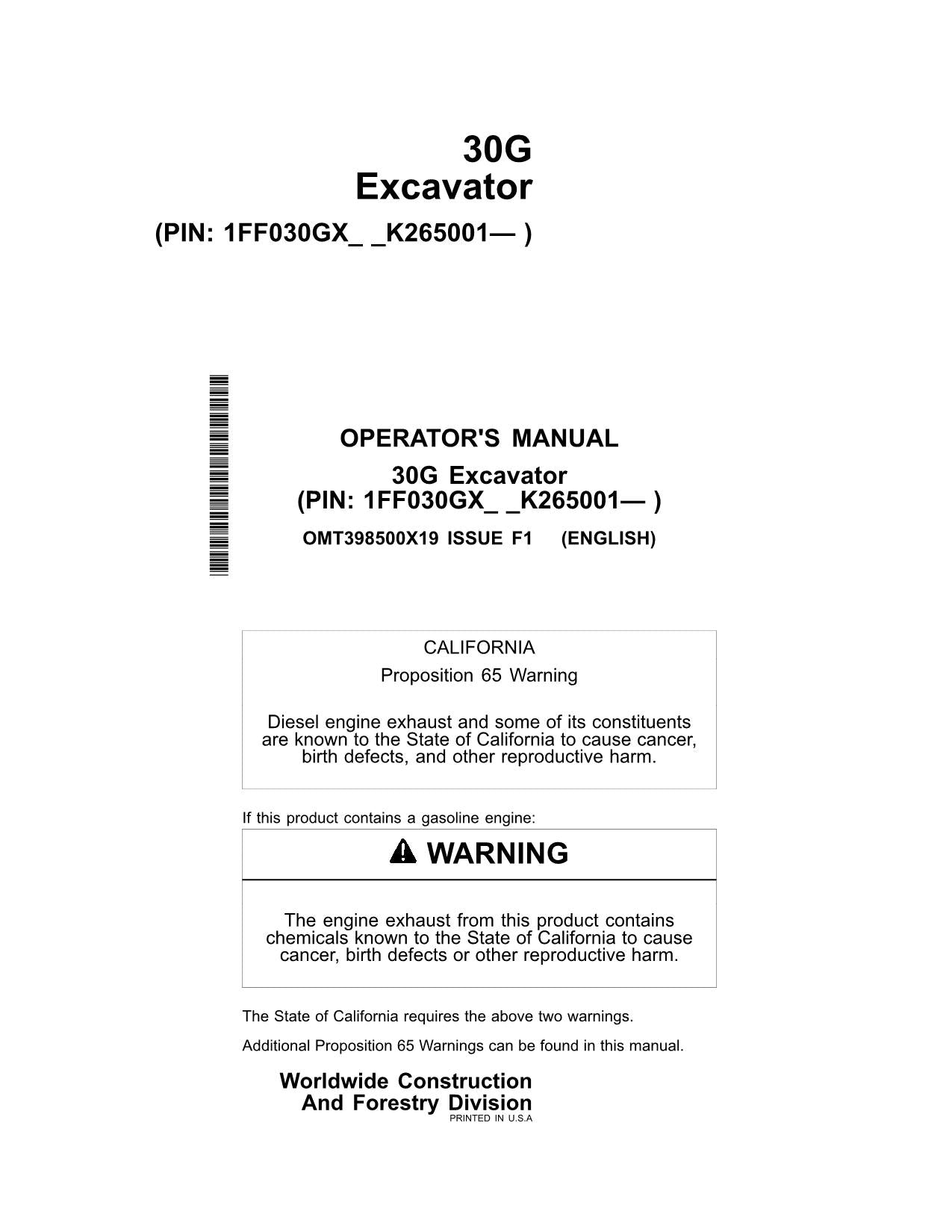 JOHN DEERE 30G EXCAVATOR OPERATORS MANUAL