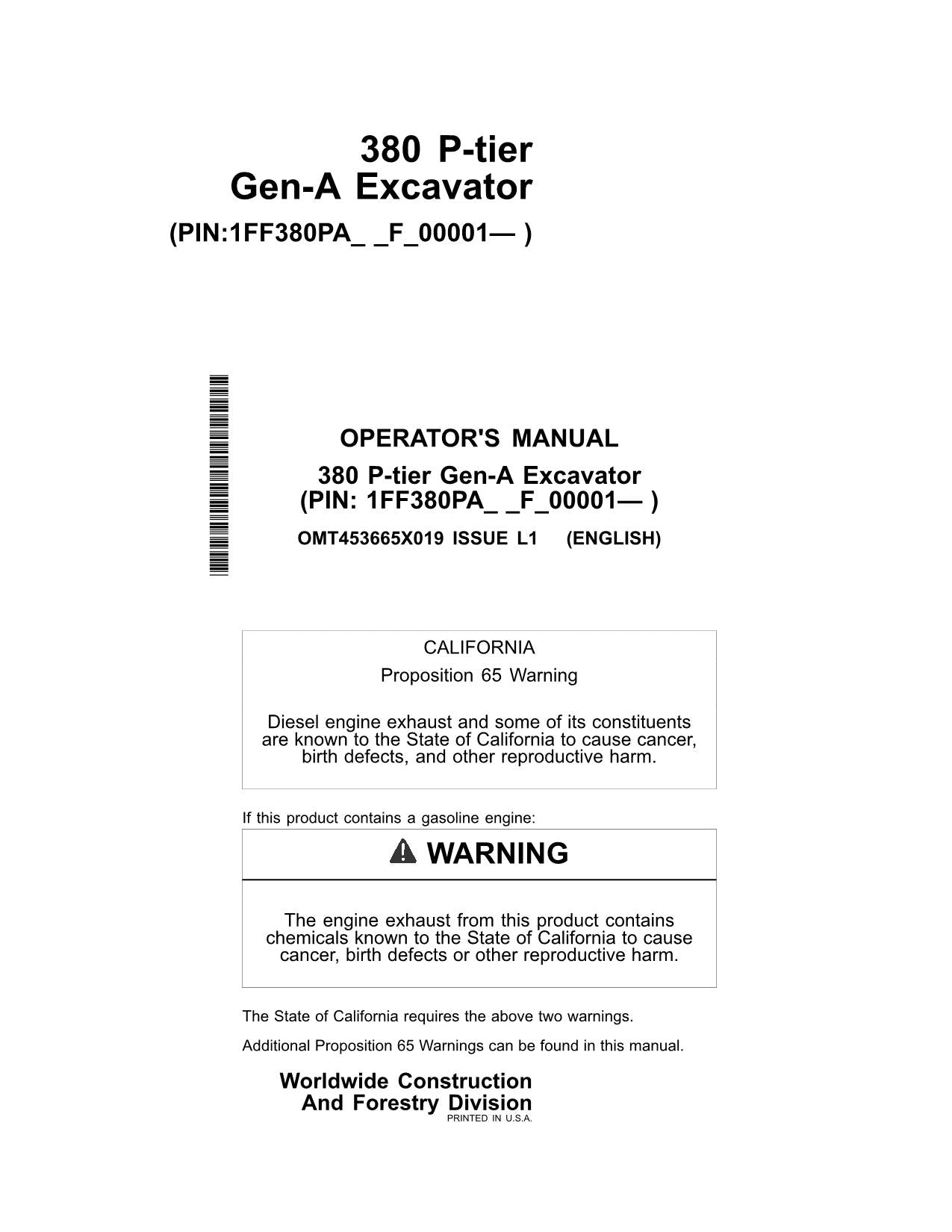 JONH DEERE 380 P EXCAVATOR OPERATORS MANUAL