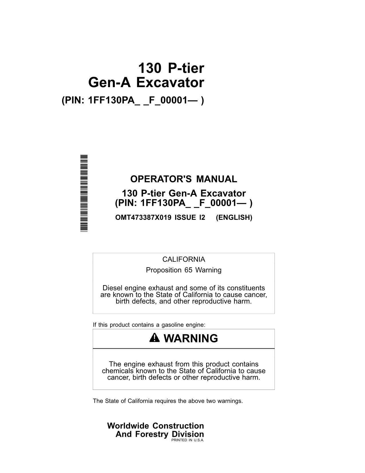 JONH DEERE 130 P EXCAVATOR OPERATORS MANUAL