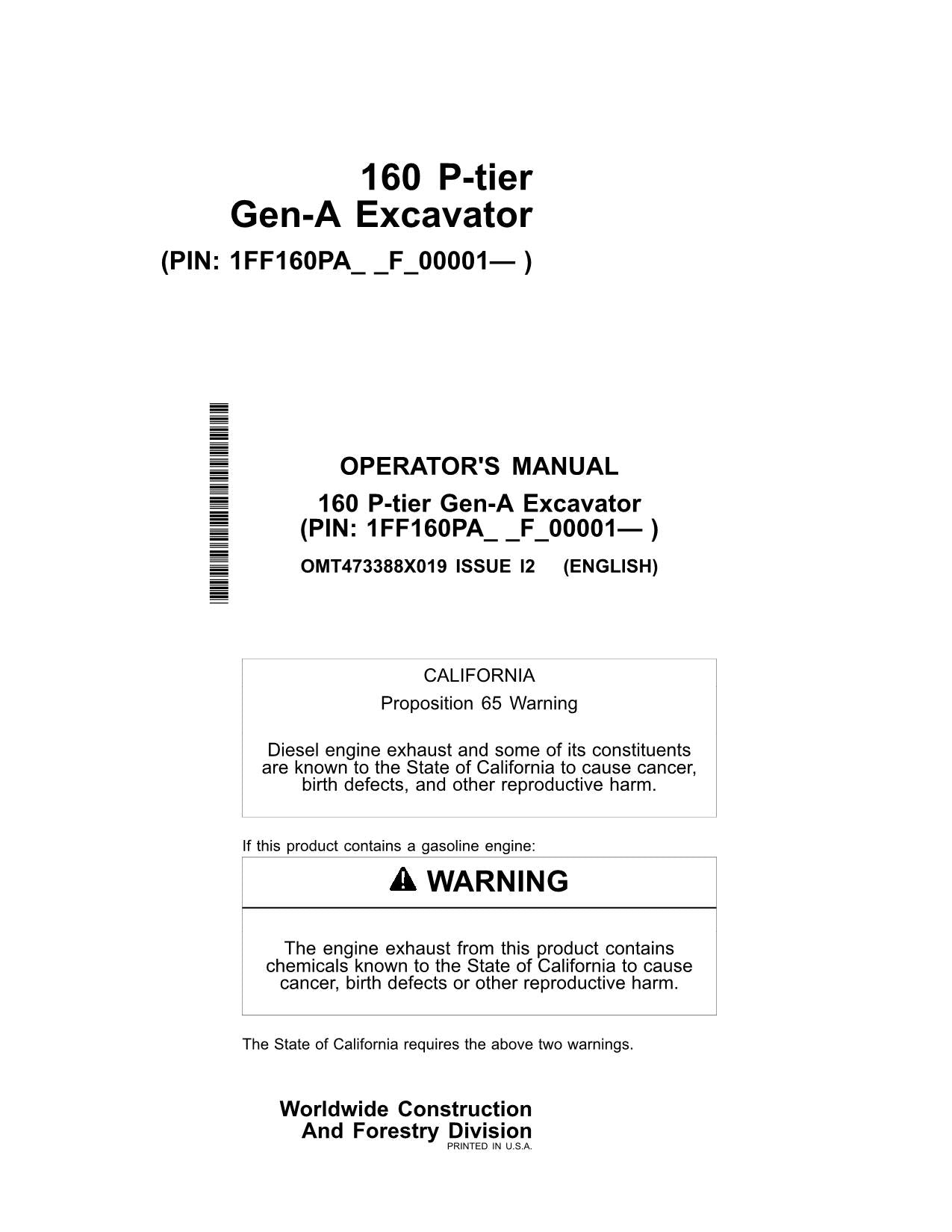 JONH DEERE 160 P EXCAVATOR OPERATORS MANUAL