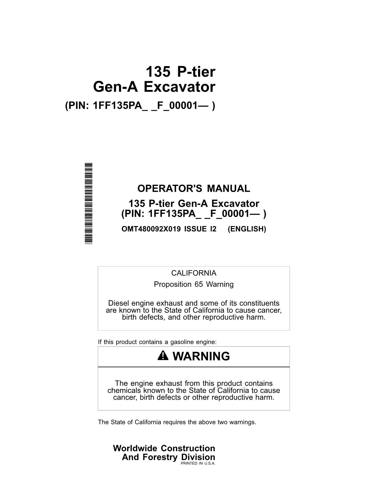 JONH DEERE 135 P EXCAVATOR OPERATORS MANUAL