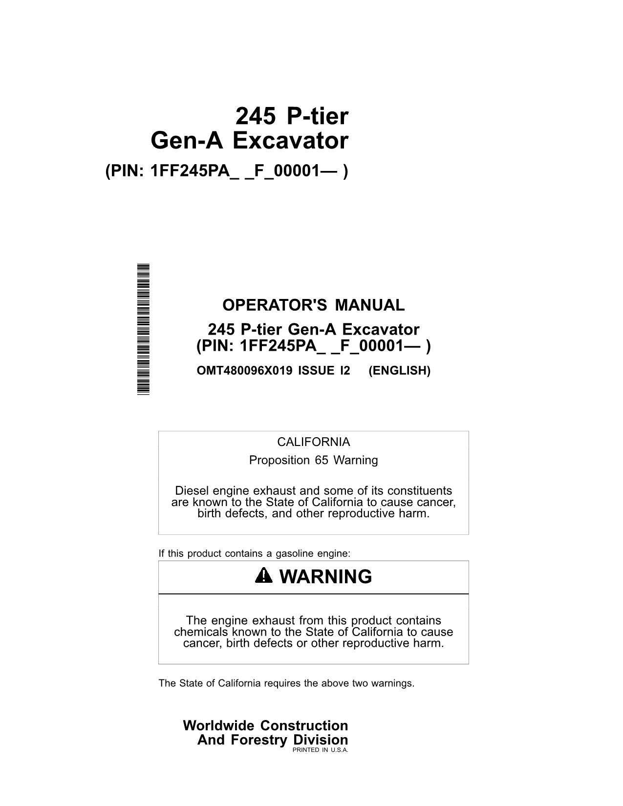 JONH DEERE 245 P EXCAVATOR OPERATORS MANUAL