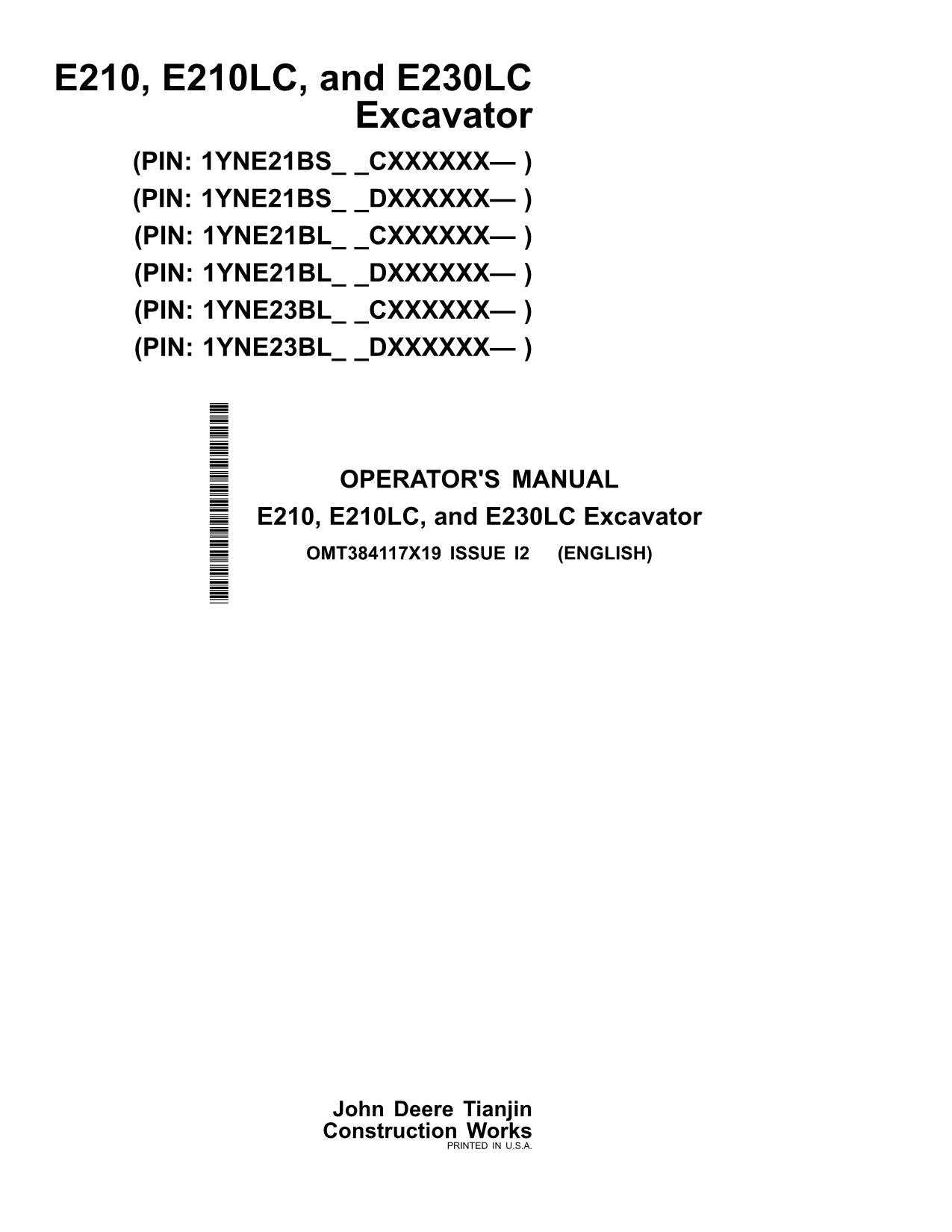 JONH DEERE E210-II E230-II EXCAVATOR OPERATORS MANUAL