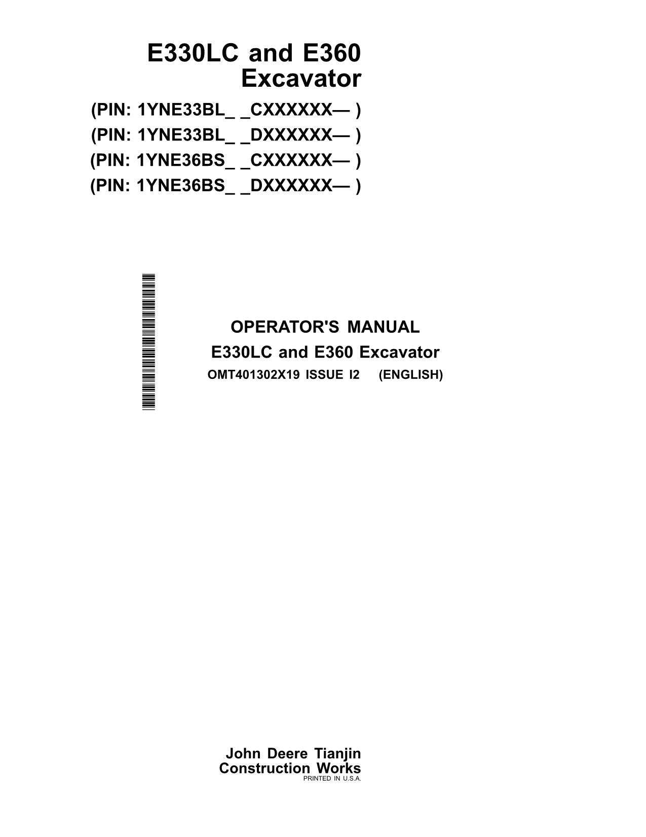 JONH DEERE E330-II E360-II EXCAVATOR OPERATORS MANUAL