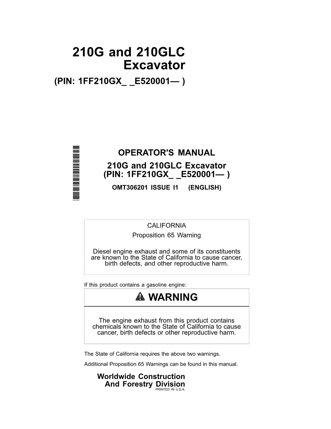 JONH DEERE 210G 210GLC EXCAVATOR OPERATORS MANUAL ser E520001-