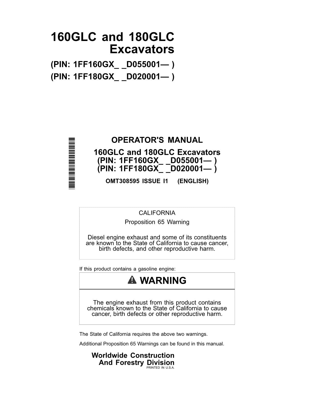 JONH DEERE 160GLC 180GLC EXCAVATOR OPERATORS MANUAL #2