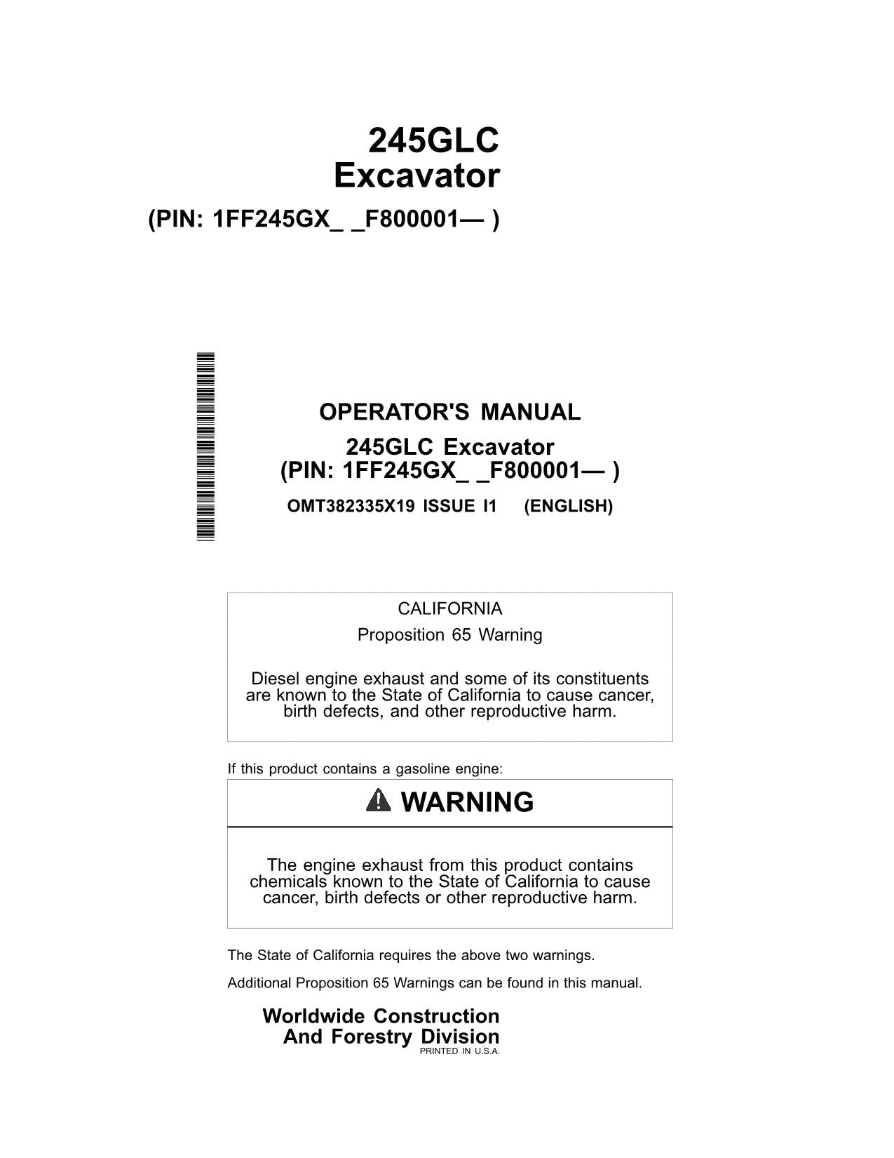 JONH DEERE 245GLC EXCAVATOR OPERATORS MANUAL #1