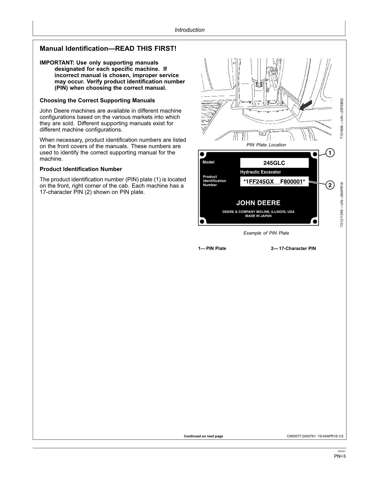 JONH DEERE 245GLC BAGGER-BETRIEBSHANDBUCH Nr. 1