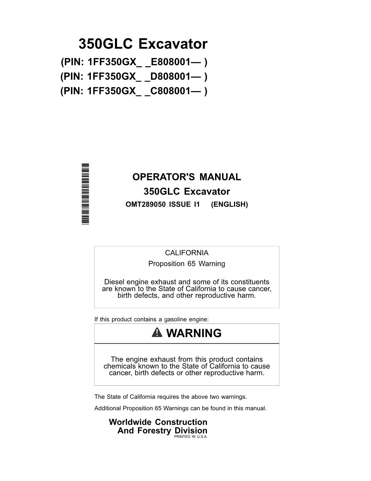 JONH DEERE 350GLC EXCAVATOR OPERATORS MANUAL #1