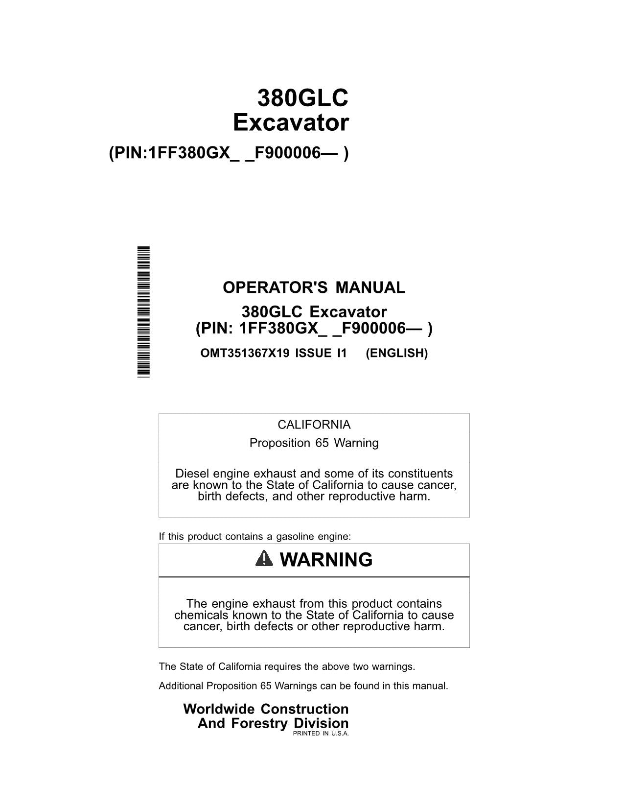 JONH DEERE 380GLC EXCAVATOR OPERATORS MANUAL #3