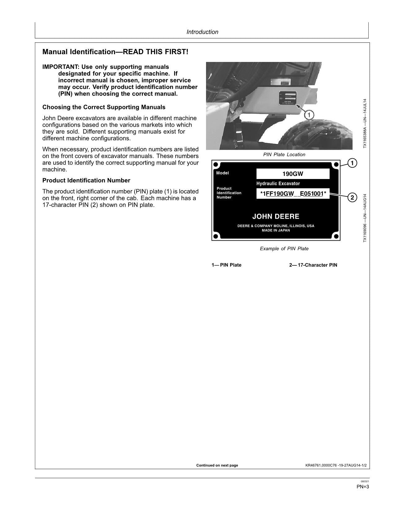 MANUEL D'UTILISATION DE L'EXCAVATRICE JONH DEERE 190GW #1