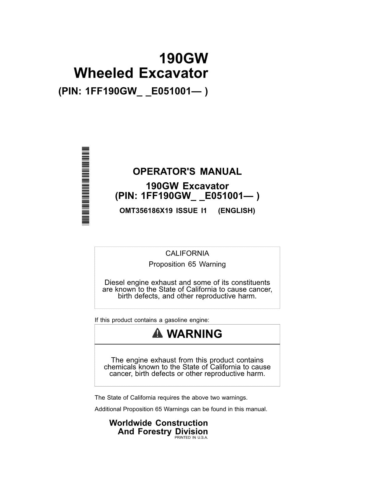 JONH DEERE 190GW EXCAVATOR OPERATORS MANUAL #1