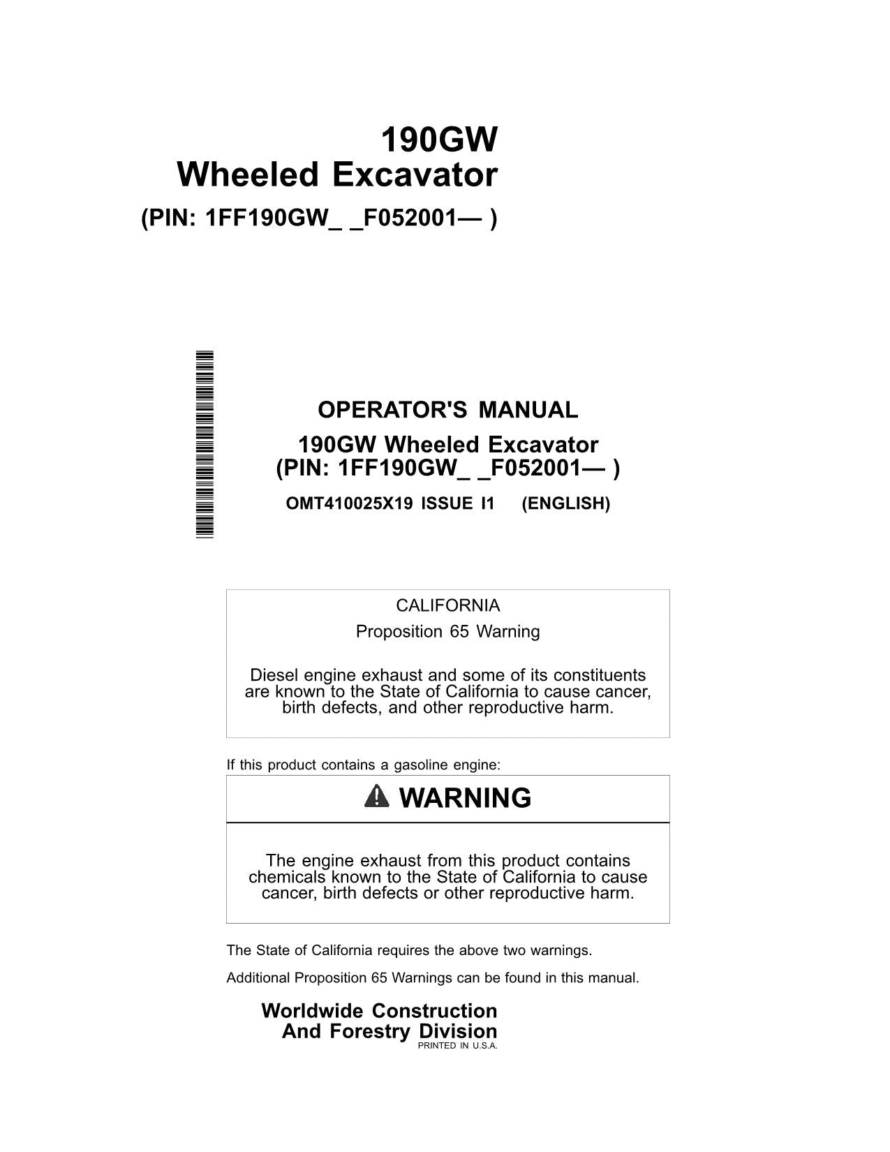 JONH DEERE 190GW EXCAVATOR OPERATORS MANUAL #2