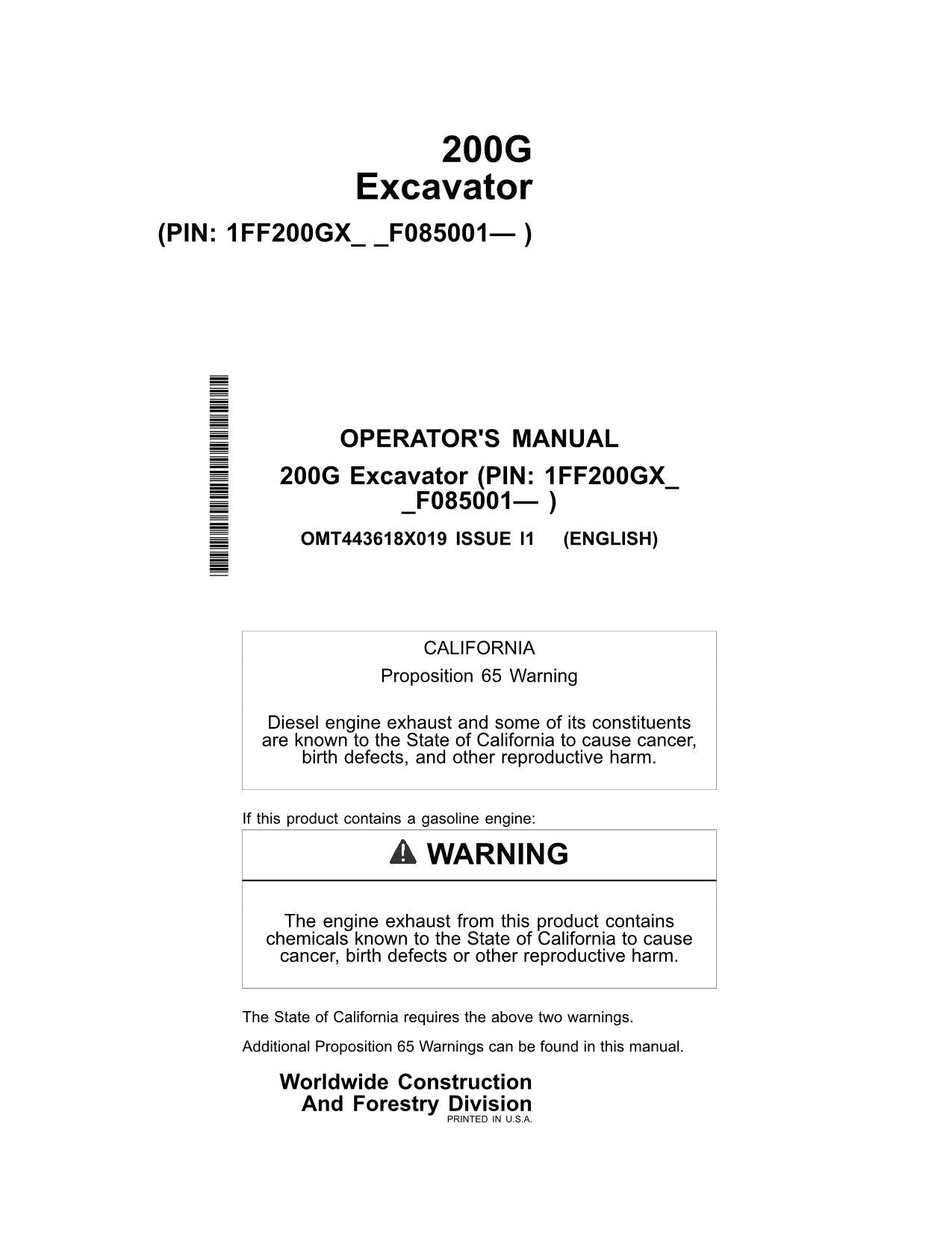 JONH DEERE 200G EXCAVATOR OPERATORS MANUAL