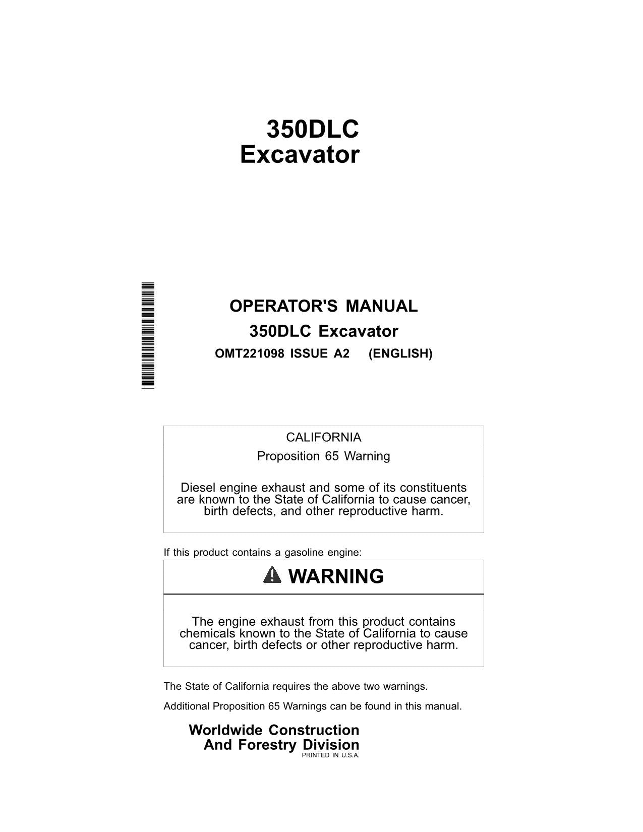 JONH DEERE 350DLC EXCAVATOR OPERATORS MANUAL