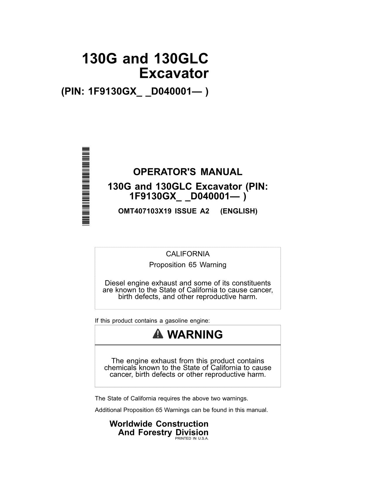 JONH DEERE 130G 130GLC EXCAVATOR OPERATORS MANUAL SN D040001-