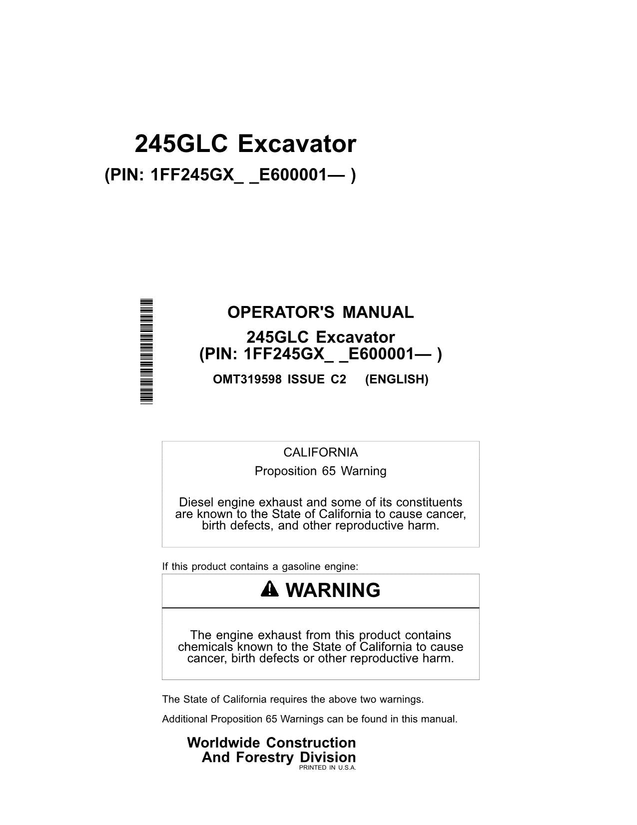 JONH DEERE 245GLC EXCAVATOR OPERATORS MANUAL #2