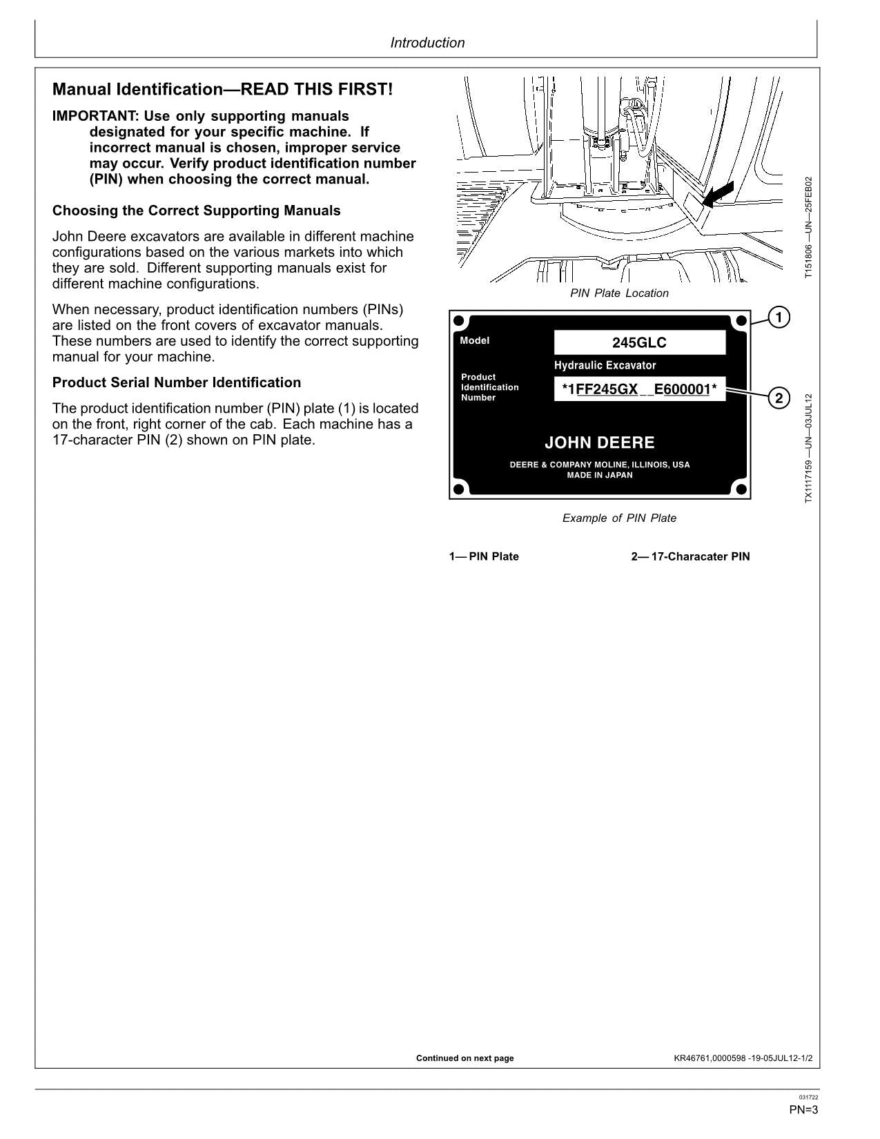 JONH DEERE 245GLC BAGGER-BETRIEBSHANDBUCH Nr. 2